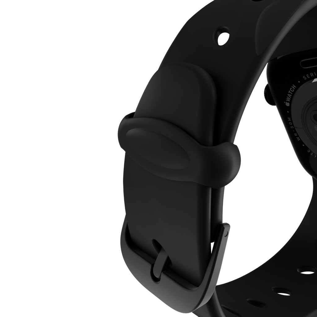Primo piano di un Apple Watch nero con cinturino nero. La fibbia e parte del quadrante sono visibili su sfondo nero.