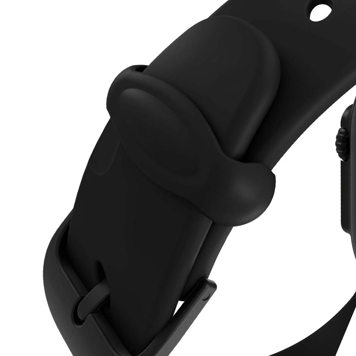 Primo piano di un cinturino per smartwatch nero. Il cinturino è fissato con una chiusura. Il design è elegante e minimalista.