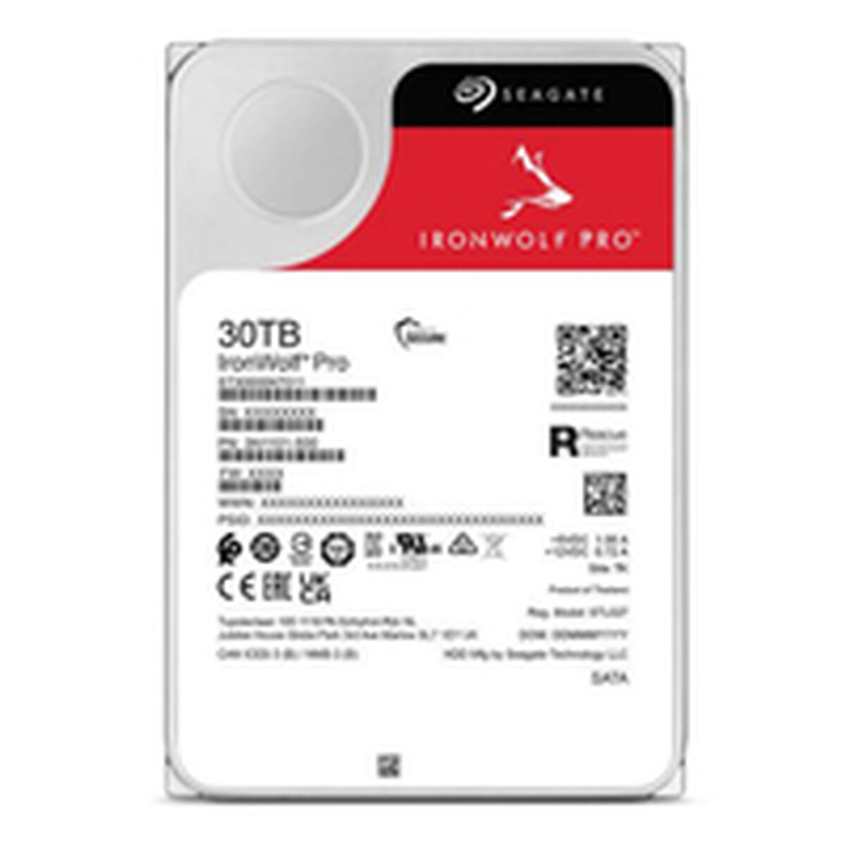 Un disque dur Seagate IronWolf Pro de 30 To. Il possède une étiquette rouge et noire avec le logo IronWolf Pro et un code QR.