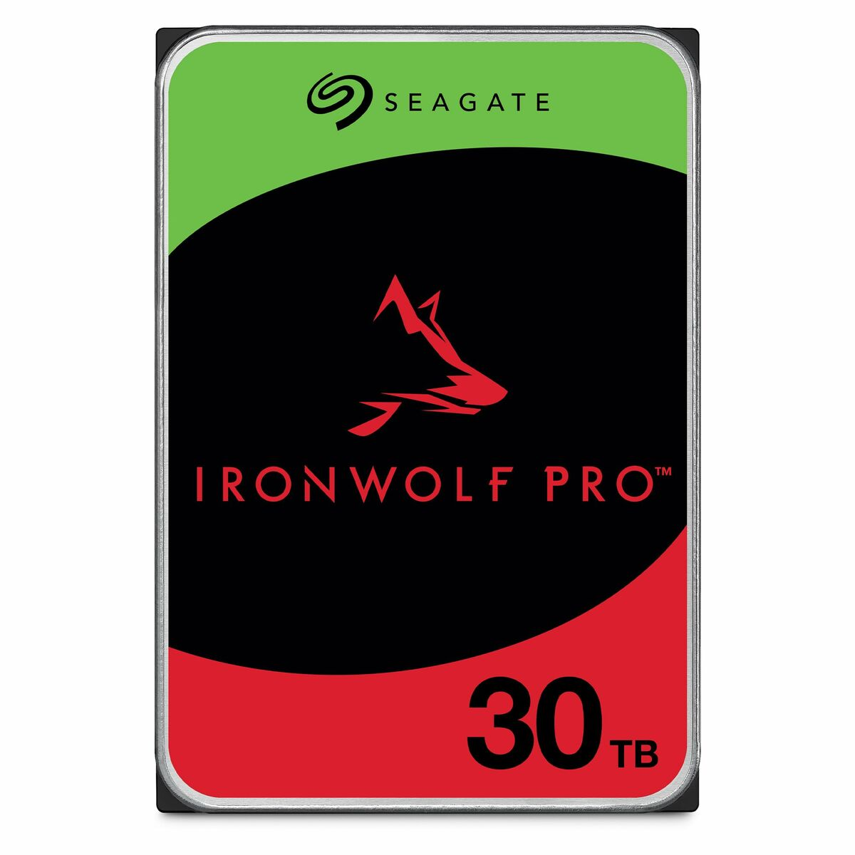 Disque dur Seagate IronWolf Pro 30TB. Haut vert, centre noir avec logo loup rouge, bas rouge. Texte blanc sur noir.