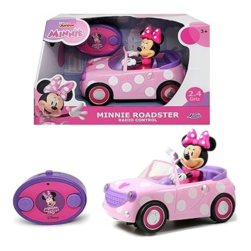 Ein ferngesteuertes Minnie-Maus-Auto-Spielzeug. Das Auto ist rosa mit weißen Punkten. Minnie fährt es. Inklusive Fernbedienung und Verpackung.