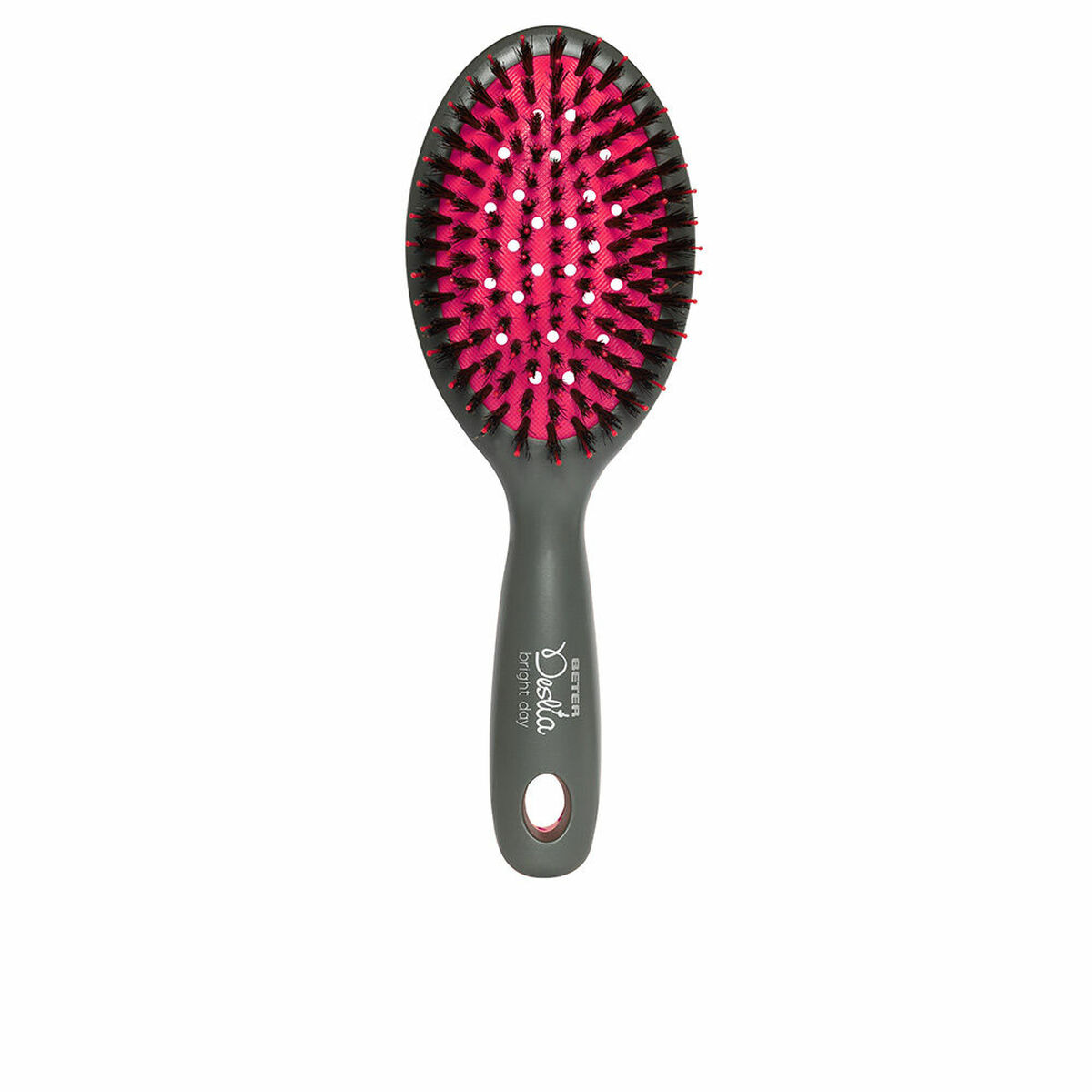 Una spazzola ovale con manico grigio e setole rosa. La spazzola è su sfondo bianco. Il marchio è visibile.