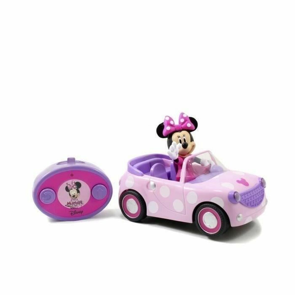 Minnie-Maus-Spielzeugauto, rosa mit weißen Punkten, Minnie im Auto winkt und eine Fernbedienung.