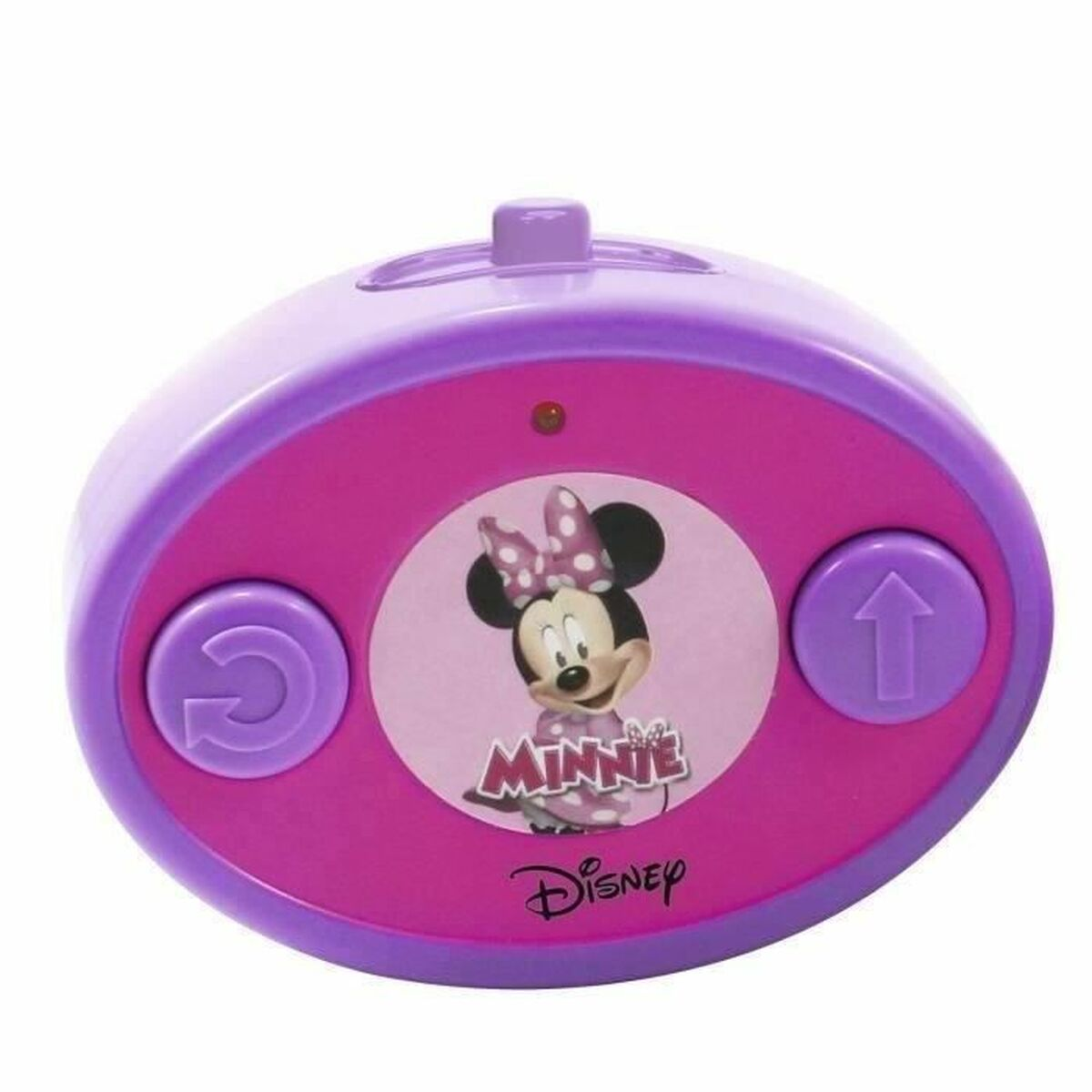 Ein rosa-lila Minnie Maus Spielzeug. Es hat Knöpfe und ein Minnie Maus Bild in der Mitte. Das Disney-Logo befindet sich unten.