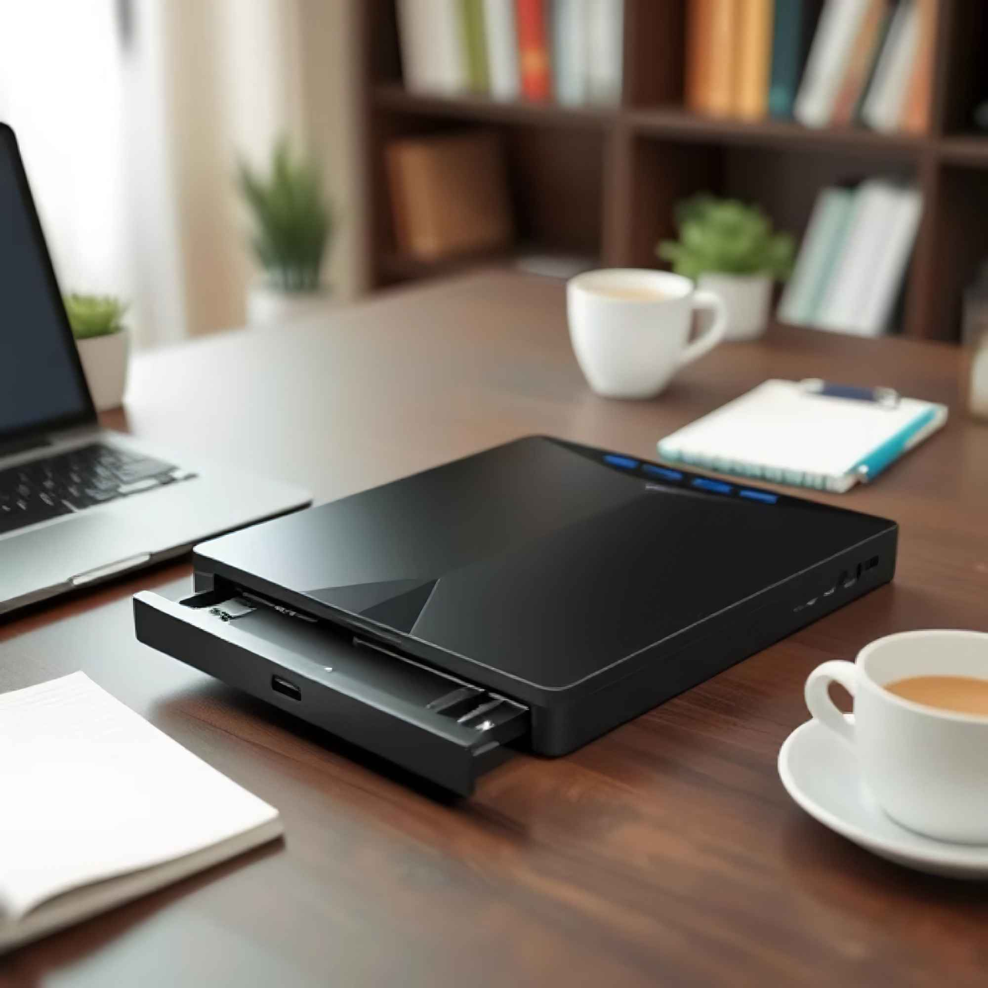 Schwarzes Gerät mit geöffnetem Fach auf einem Holztisch. Laptop, Tassen, Notizblock und Klemmbrett auch auf dem Tisch.