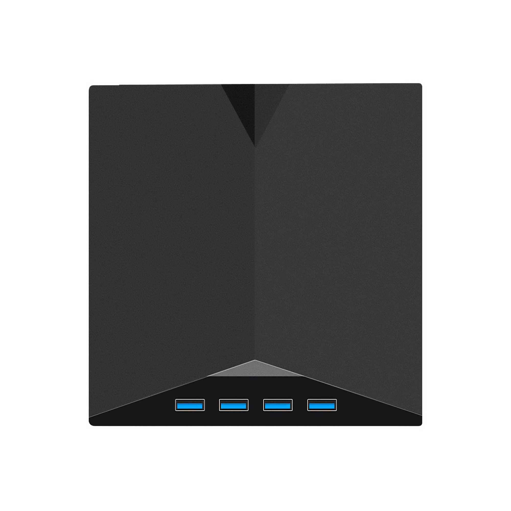 Schwarzes rechteckiges Gerät mit dreieckiger Oberseite und vier USB-Anschlüssen unten. Der Hintergrund ist weiß.