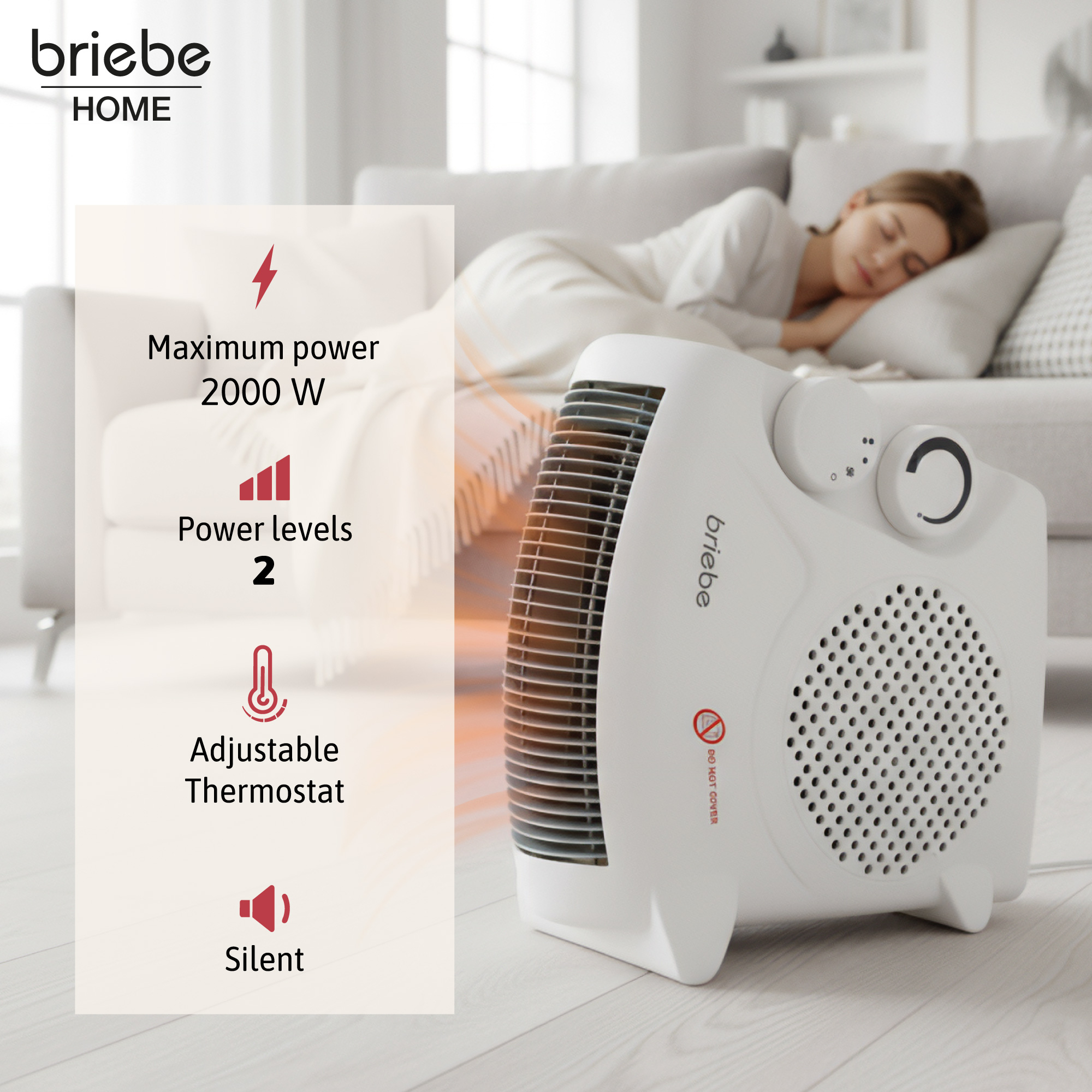 Un calefactor Briebe blanco está en el suelo. Una mujer duerme en un sofá al fondo. Características: termostato ajustable.