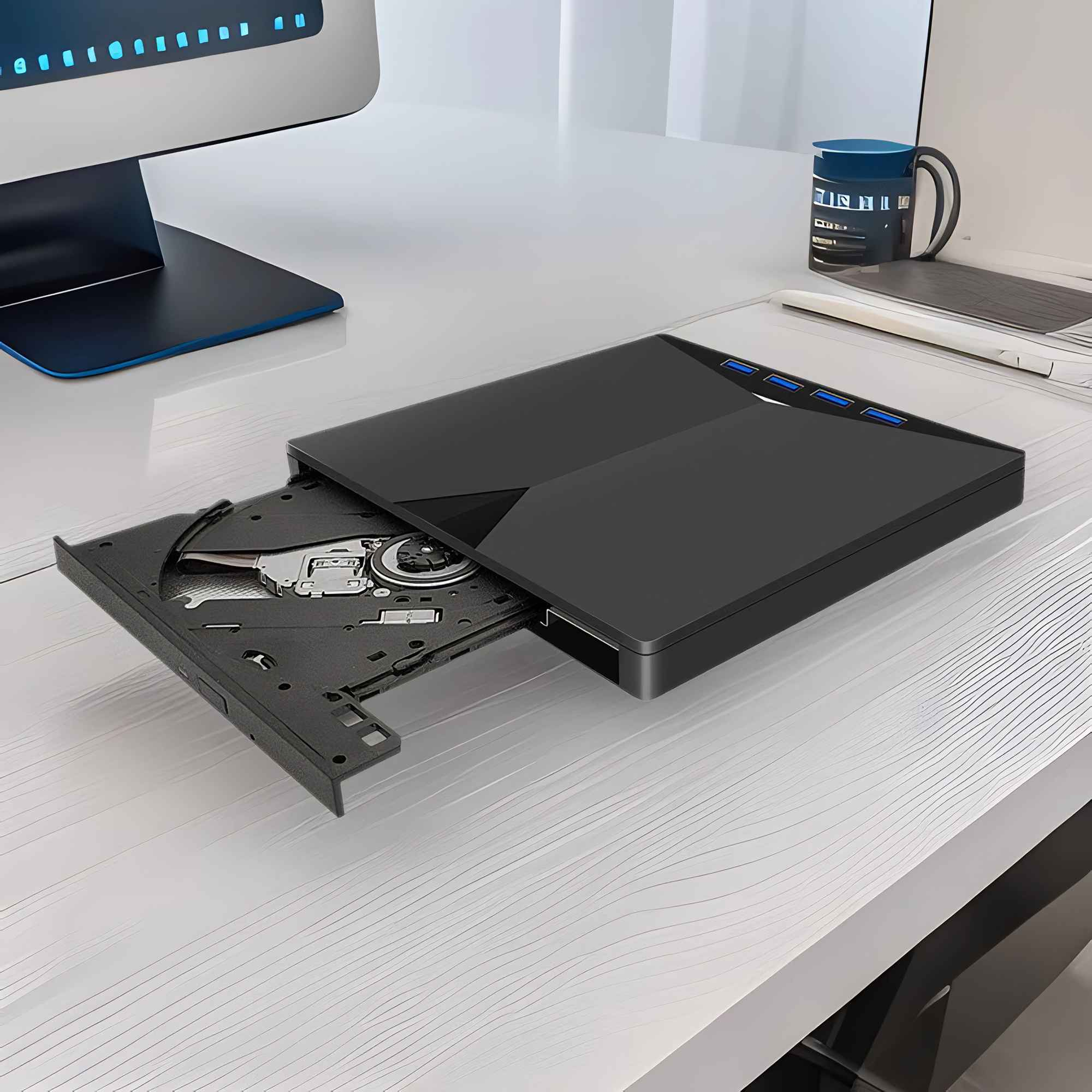 Ein offenes, schwarzes externes CD-Laufwerk auf einem weißen Schreibtisch. Monitor und Becher im Hintergrund.
