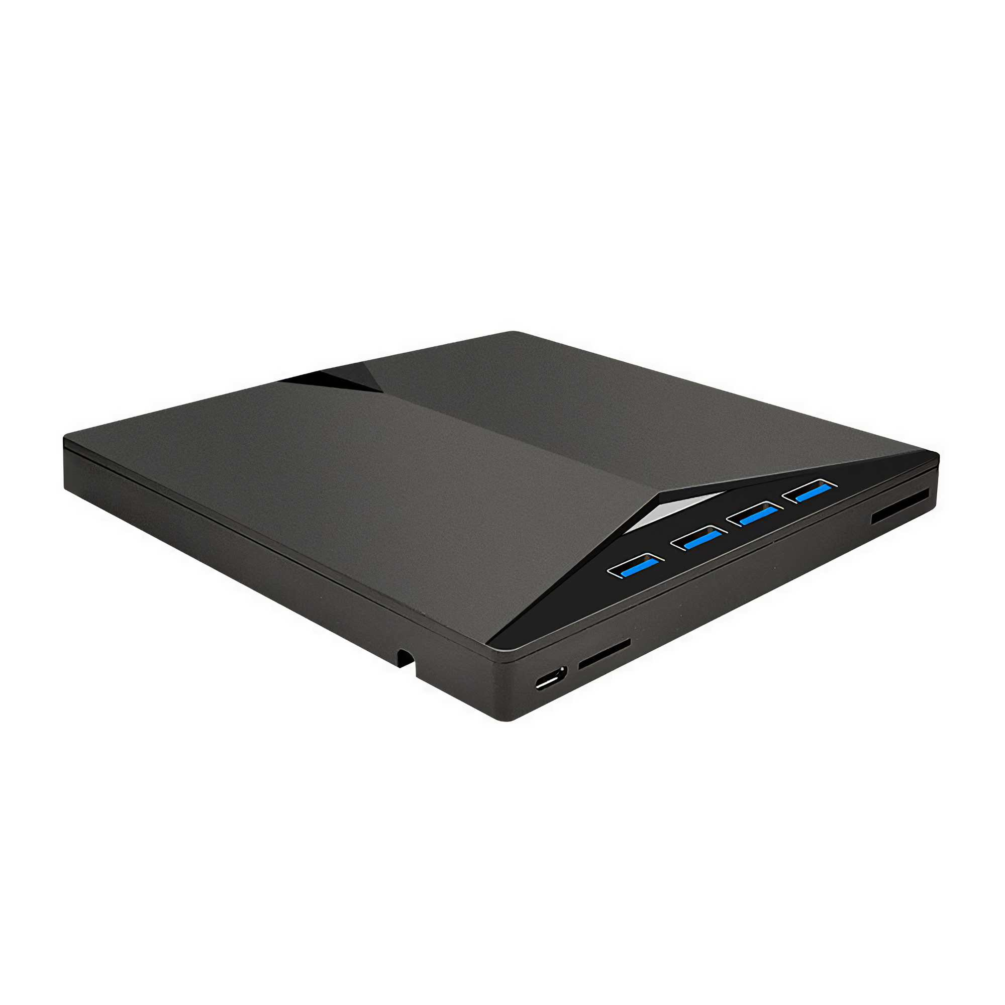 Ein dunkelgraues rechteckiges Gerät mit blauen USB-Anschlüssen wird auf weißem Hintergrund angezeigt. Es scheint ein Media-Player zu sein.