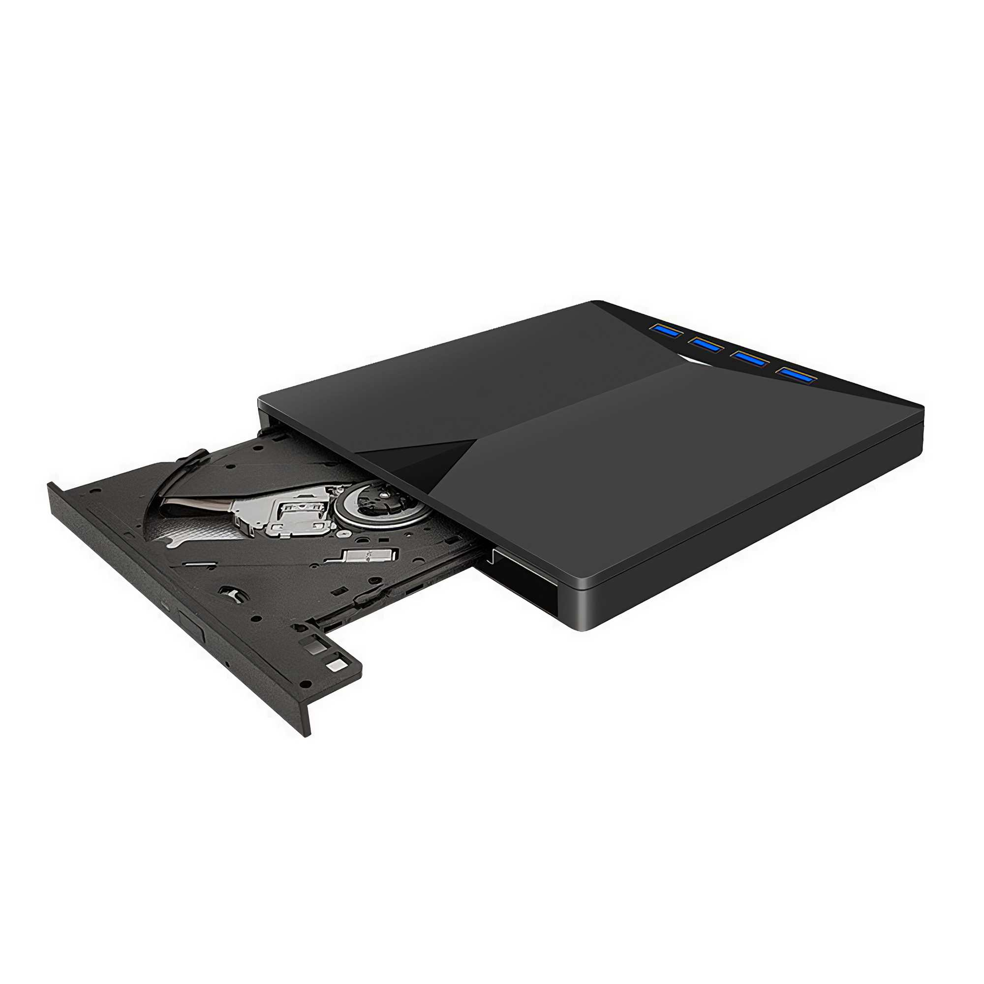 Schwarzes externes CD/DVD-Laufwerk, Fach geöffnet. Oberseite blaue USB-Anschlüsse.