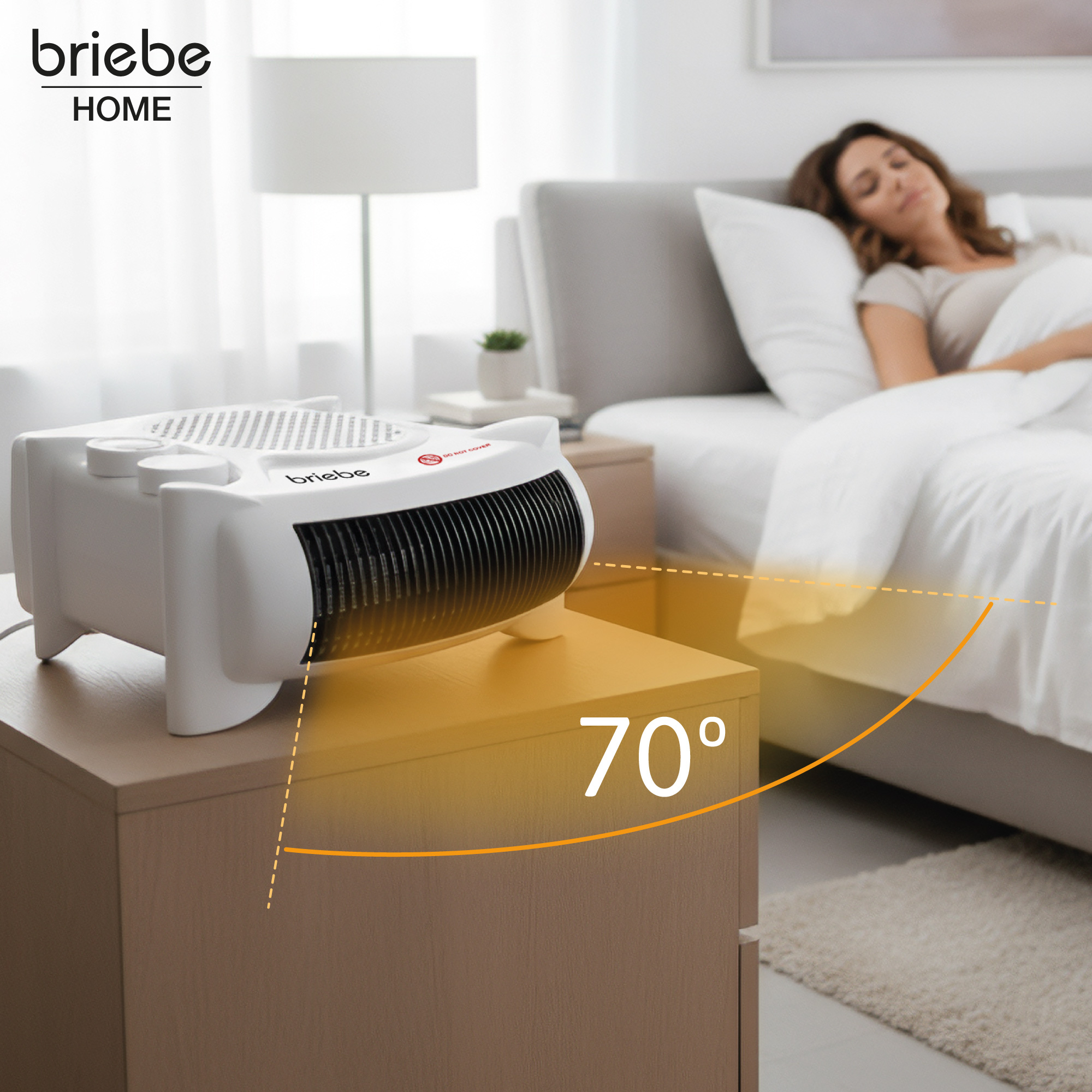 Un calentador blanco está sobre una mesa. Una mujer duerme en la cama. La temperatura es de 70 grados.