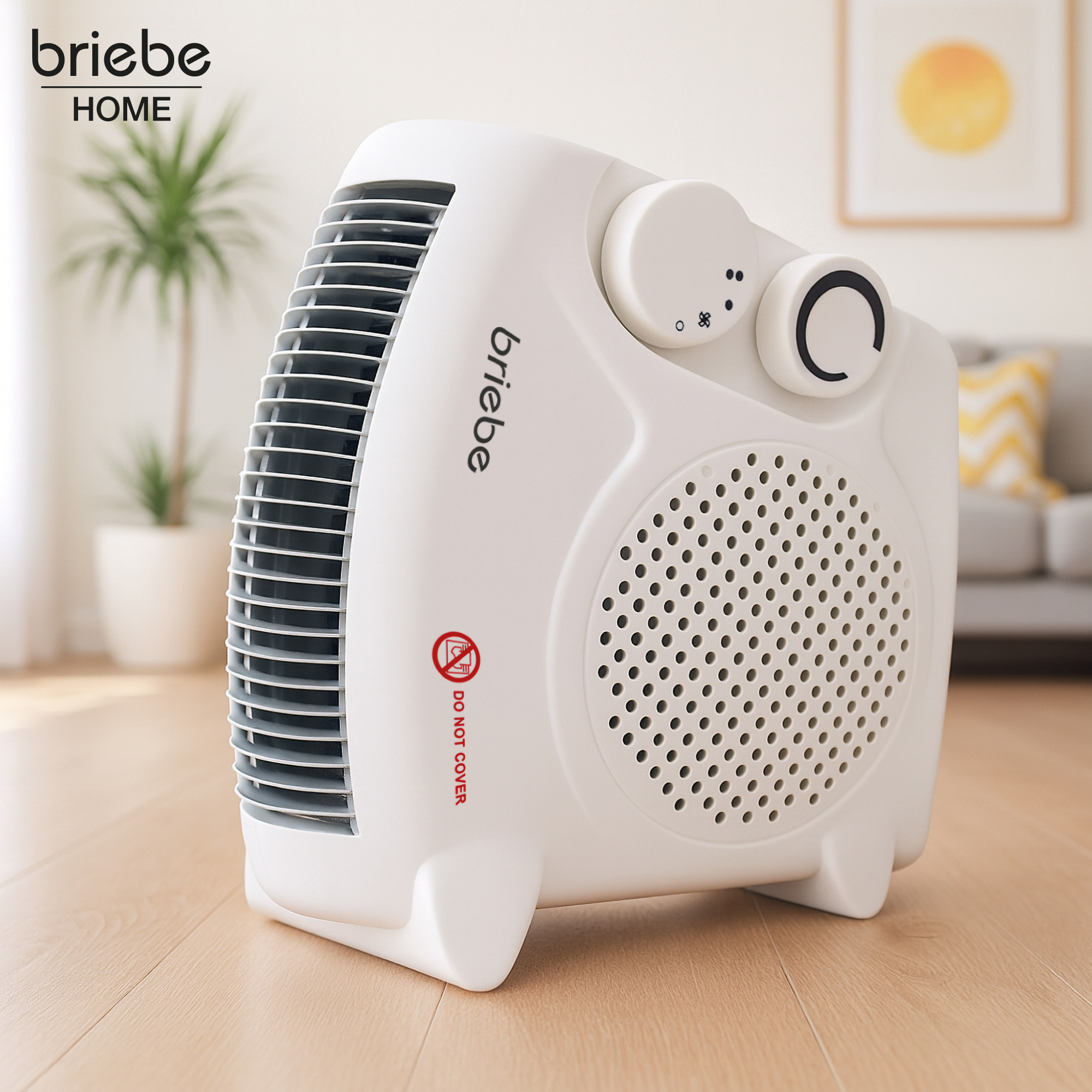 Calentador eléctrico blanco con ventilador. Tiene perillas de control, una etiqueta de advertencia y una marca. Fondo: habitación con planta y sofá.