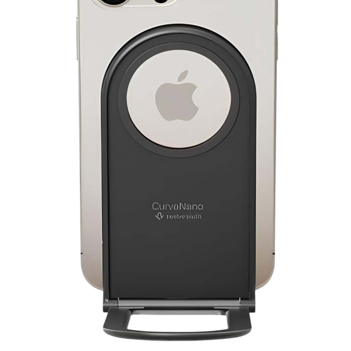 Un iPhone con un supporto nero attaccato. Il supporto ha un ritaglio circolare con il logo Apple.