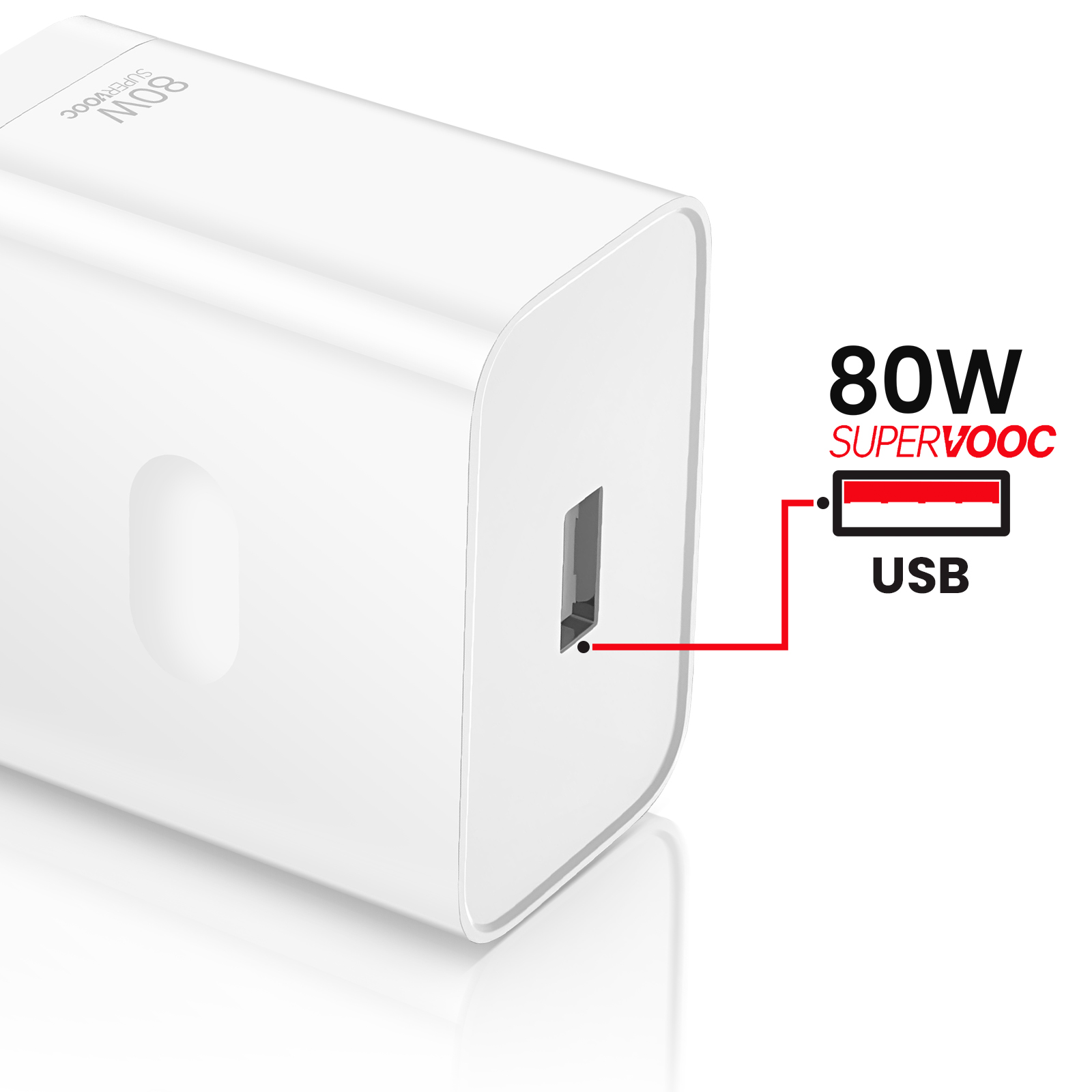 Un caricabatterie bianco 80W SuperVOOC con porta USB. Testo nero e rosso indica potenza e tipo di porta.