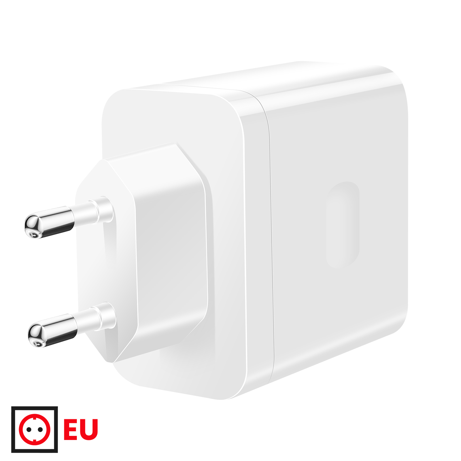 Un adattatore per spina EU bianco, con due perni metallici. Il logo UE è in basso a sinistra, con testo rosso.