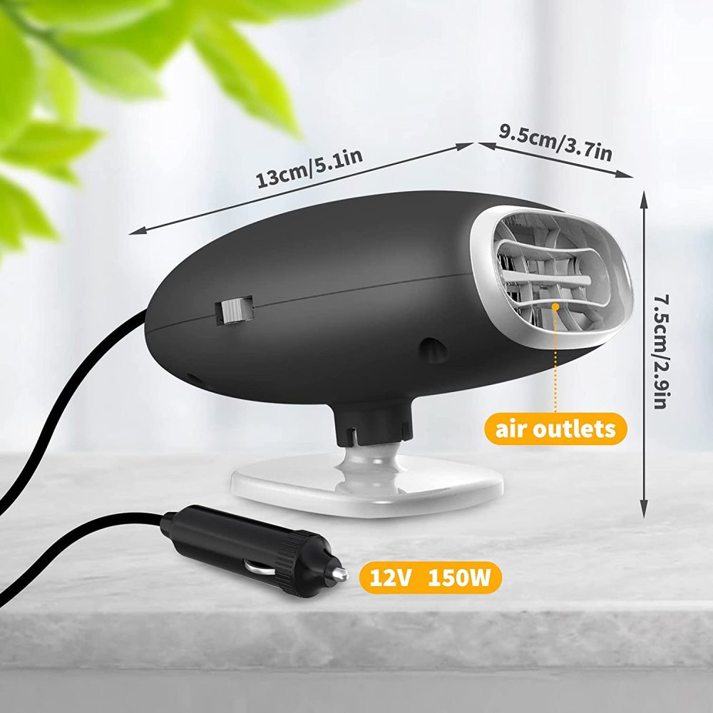 Schwarze Autoheizung mit weißem Sockel, Luftauslässen und Netzkabel. Abmessungen werden angezeigt. 12V 150W Etikett ist sichtbar.