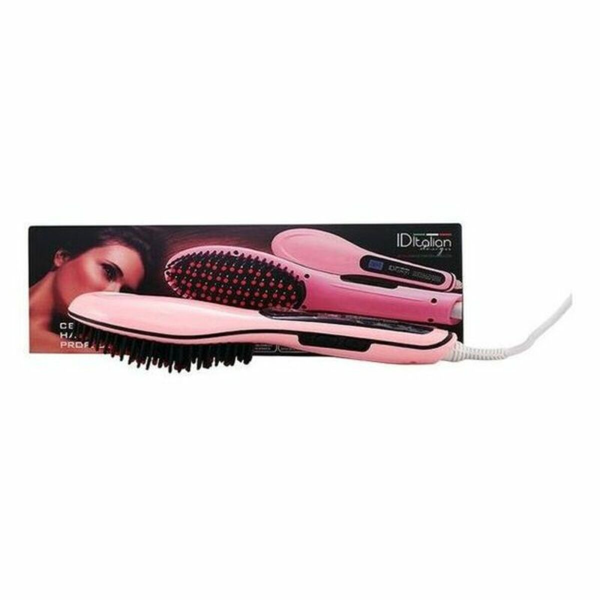 Una spazzola lisciante rosa con una spazzola a setole nere su una scatola con il volto di una donna e il logo IDitalian.