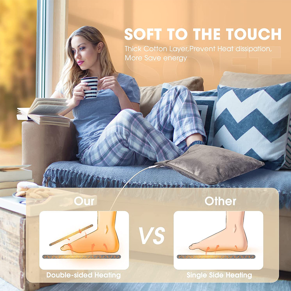 Eine Frau sitzt auf einem Sofa, hält eine Tasse und liest. Ein Diagramm vergleicht die doppelseitige Heizung mit der einseitigen Heizung.