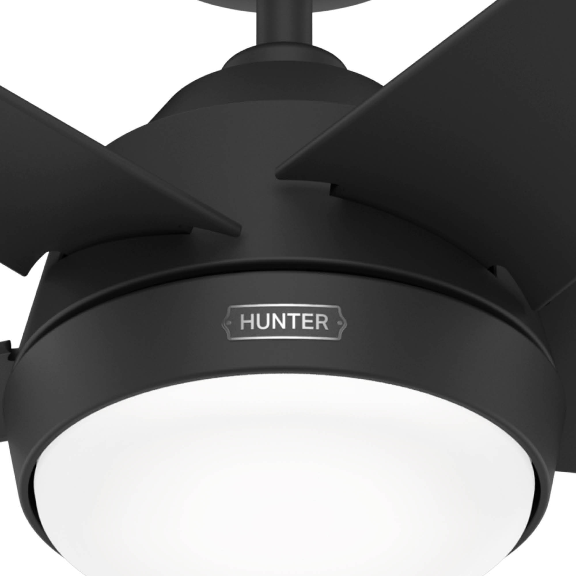 Nahaufnahme eines schwarzen Deckenventilators mit vier Flügeln und eingebautem Licht. Der Markenname 'HUNTER' ist sichtbar.