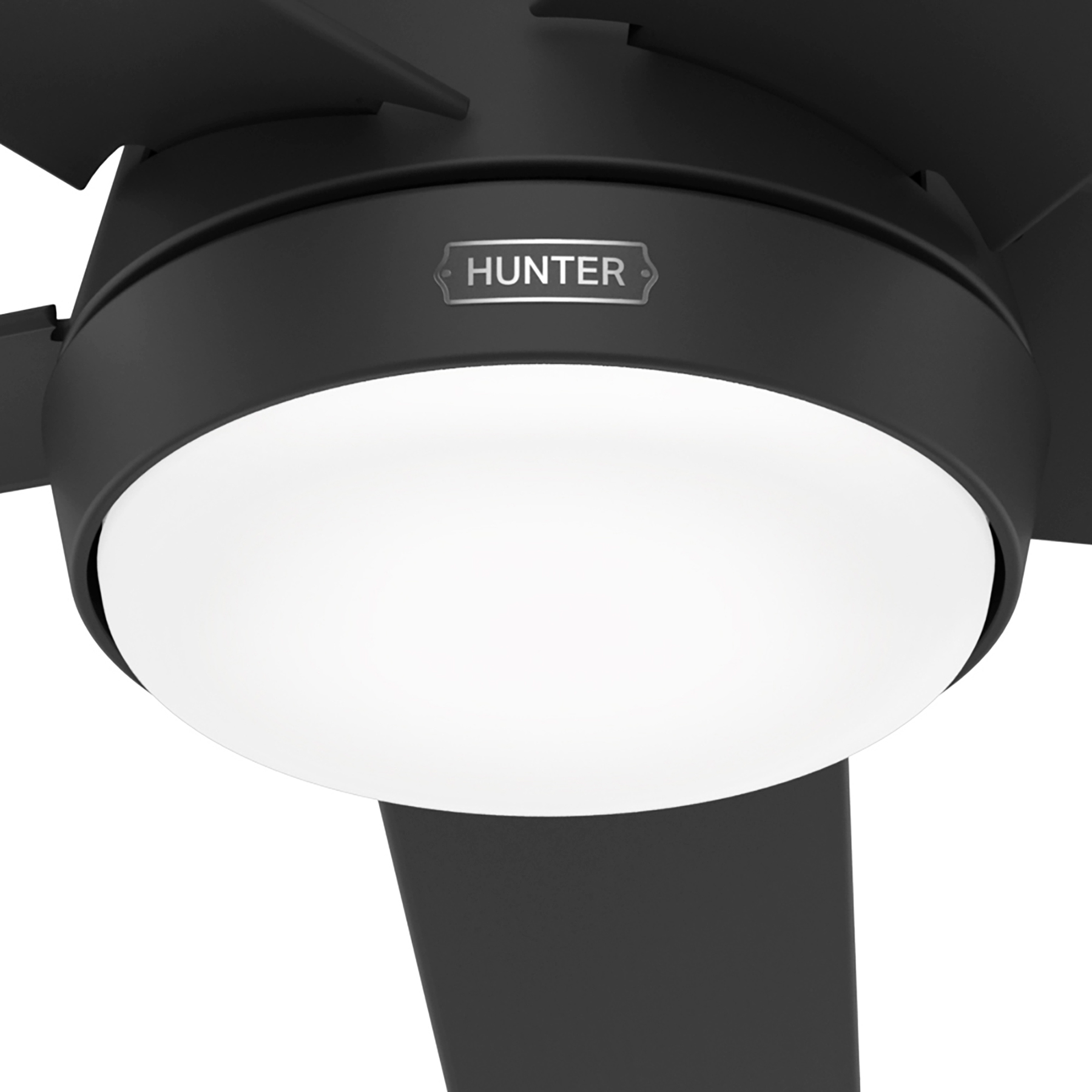 Nahaufnahme eines schwarzen Deckenventilators mit weißem Licht, Markenname 'Hunter' sichtbar.