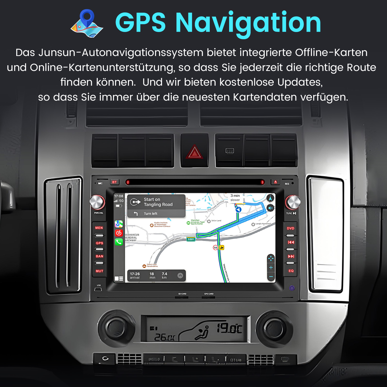 Das Navigationssystem zeigt eine Karte mit Routenführung. Knöpfe und Bildschirm mit verschiedenen Informationen.