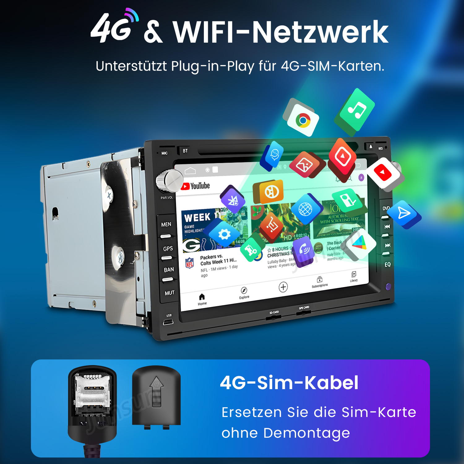 Autoradio mit Bildschirm, der YouTube und App-Symbole anzeigt. Ein SIM-Kartensteckplatz und 4G-Text sind sichtbar.