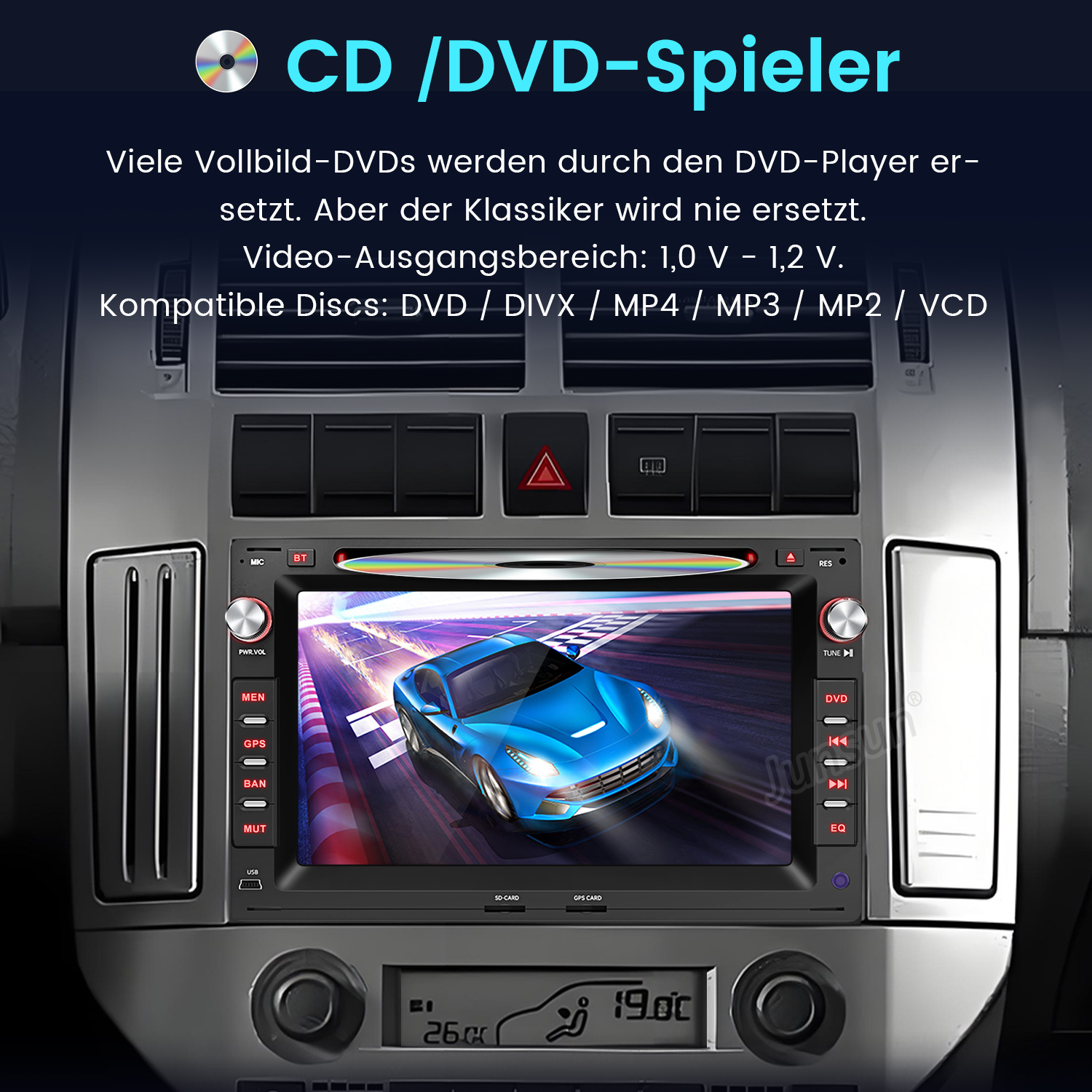 Autoradio mit blauem Auto auf dem Bildschirm. Text über DVD-Player-Funktionen und kompatible Disc-Formate.