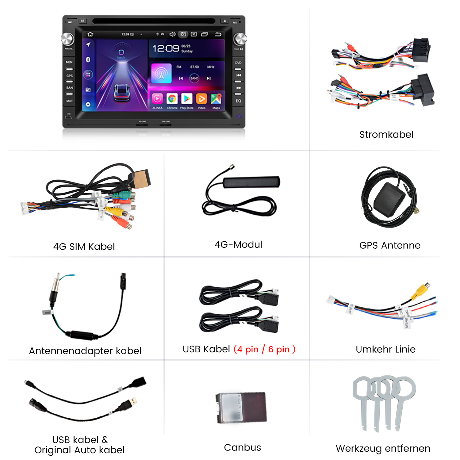 Ein Autoradio mit verschiedenen Kabeln und Zubehör, darunter GPS-Antenne, USB-Kabel und Werkzeuge. Der Bildschirm zeigt die Uhrzeit an.