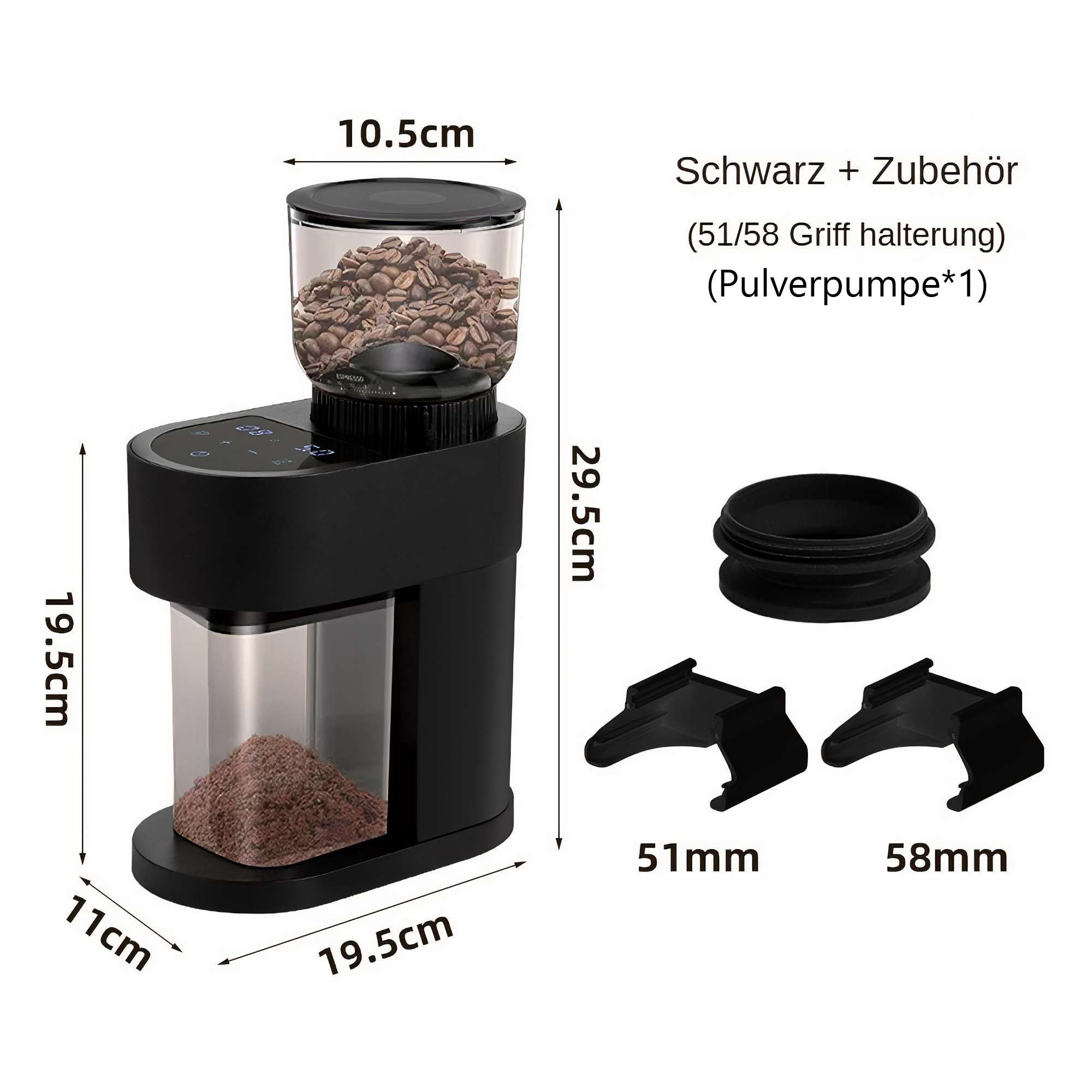 Schwarze Kaffeemühle mit Zubehör. Sie hat einen Bohnenbehälter, einen Kaffeesatzbehälter und diverses Zubehör.