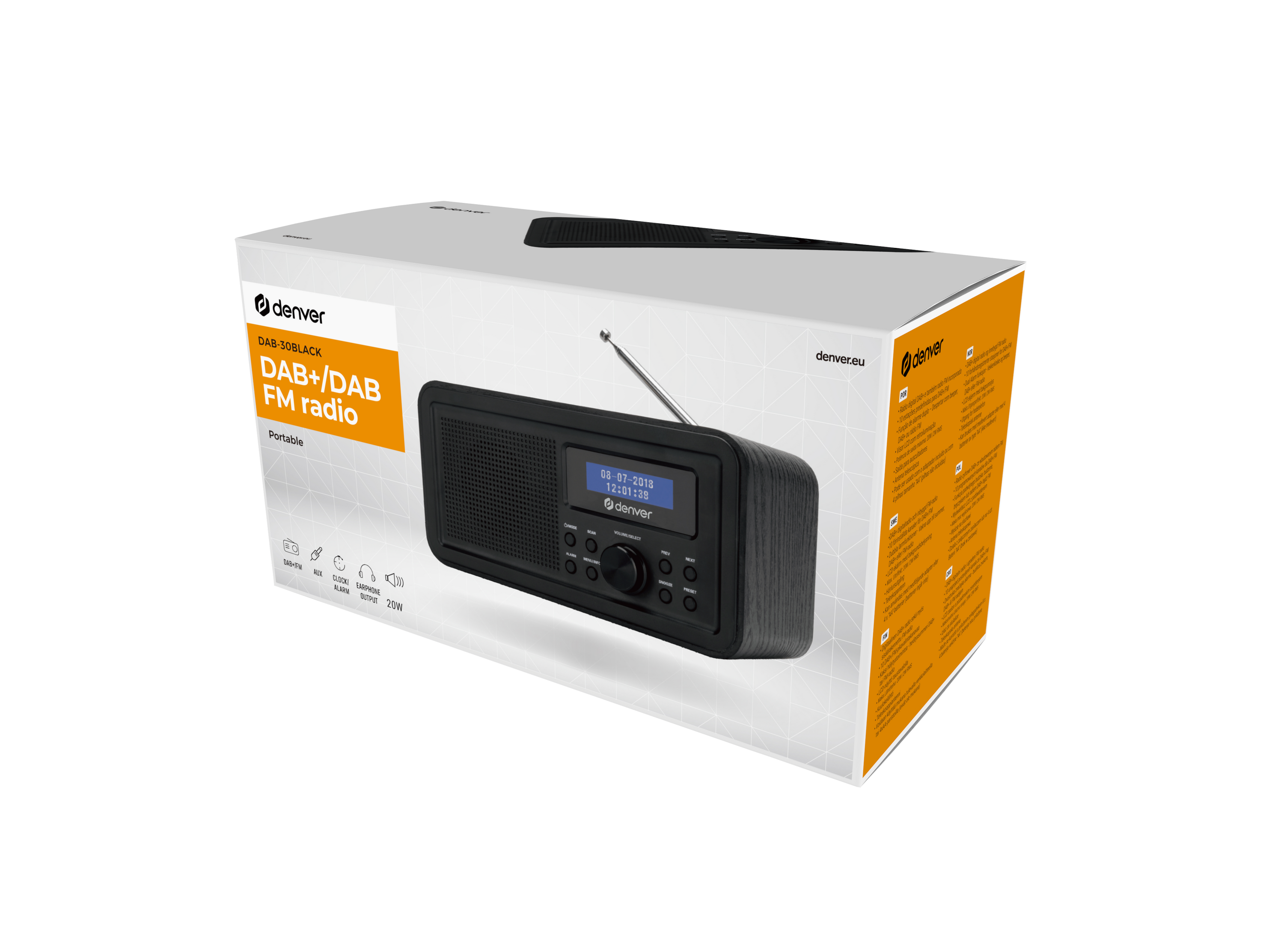 Prezentowane jest czarne radio DAB+/DAB FM w pudełku. Radio ma ekran i przyciski.