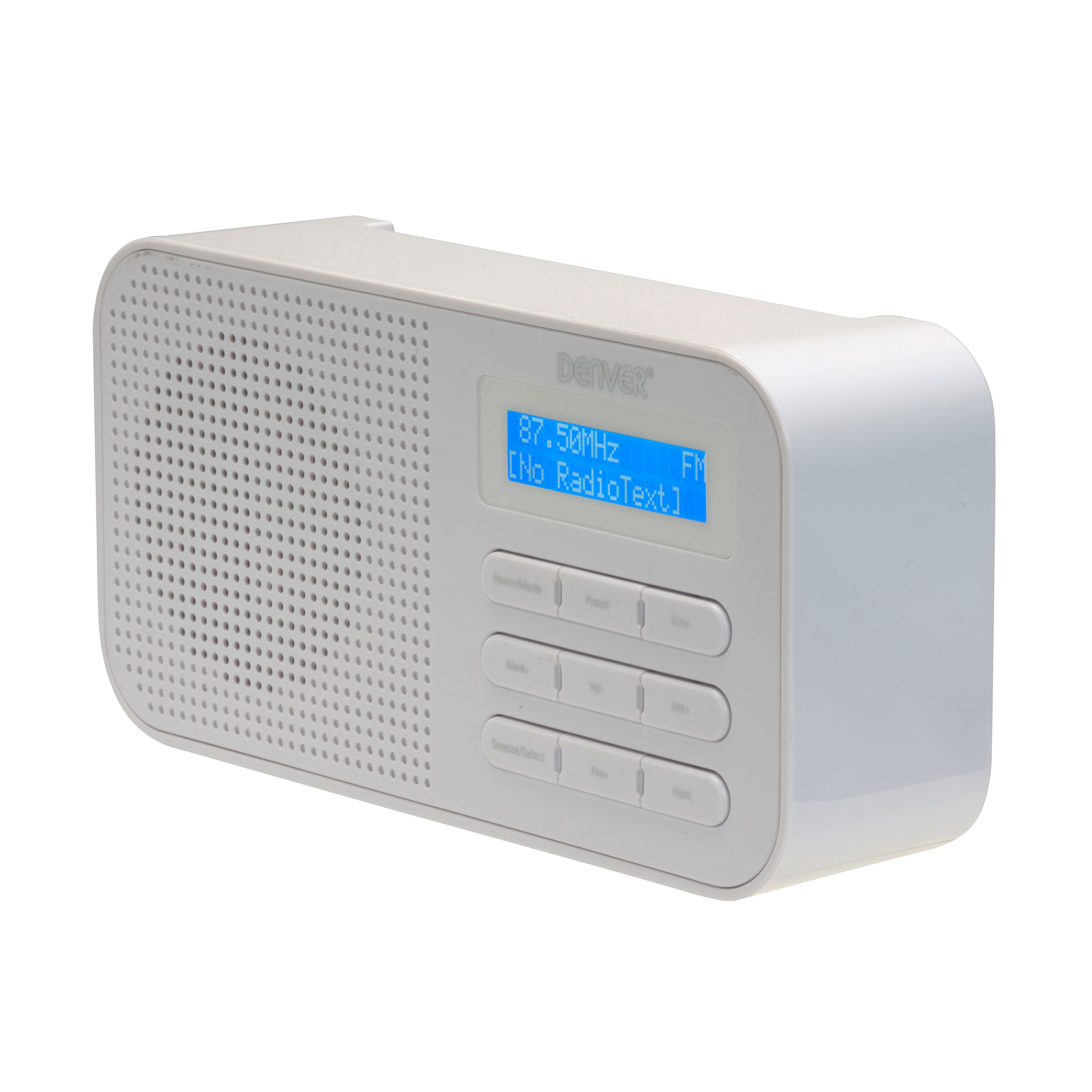 Białe radio Denver, wyświetlające 87,50 MHz. Ma przyciski i niebieski ekran. Tło jest białe.