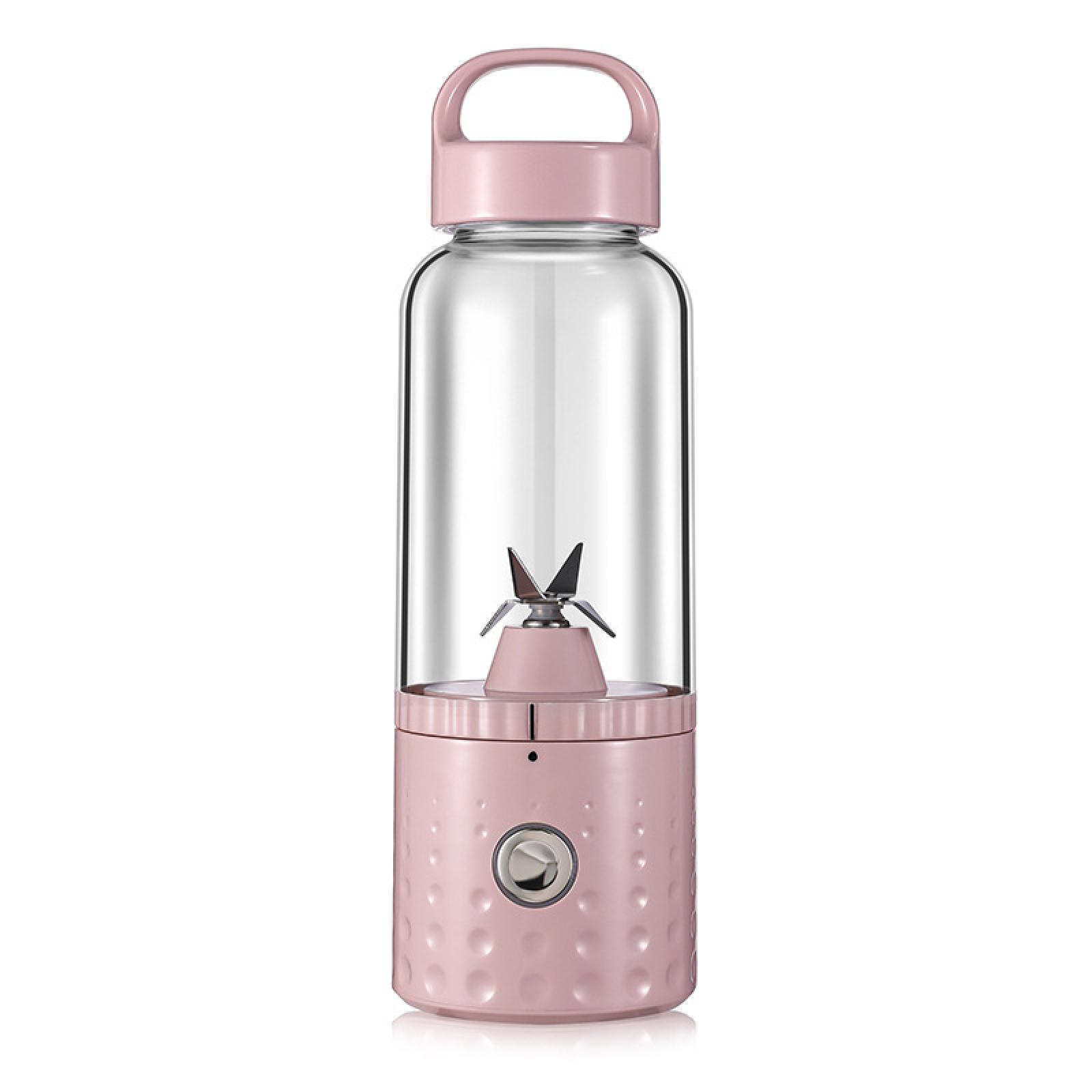 Ein rosa tragbarer Mixer mit einem durchsichtigen Glasbehälter. Er hat einen Griff und eine silberne Klinge.