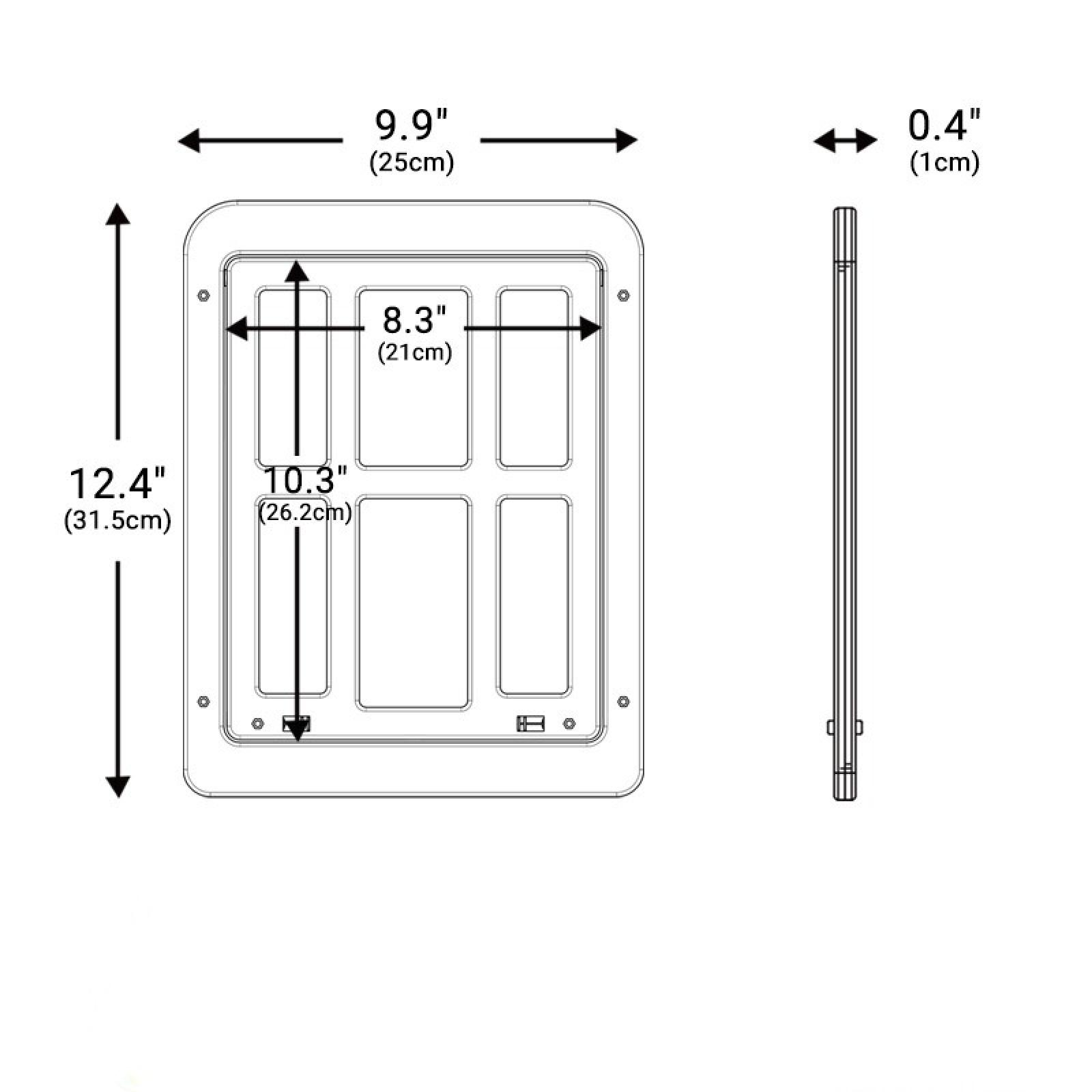 Diagramm eines rechteckigen Objekts mit Abmessungen in Zoll und Zentimetern. Eine Seitenansicht zeigt die Dicke.