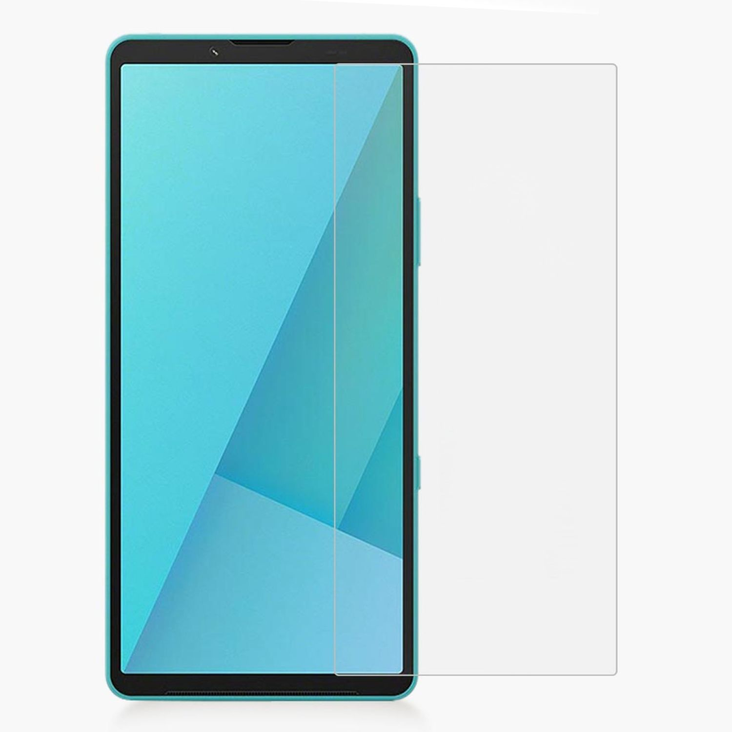 Uno smartphone turchese con una protezione schermo su sfondo bianco. Il telefono è in posizione verticale, la protezione a destra.