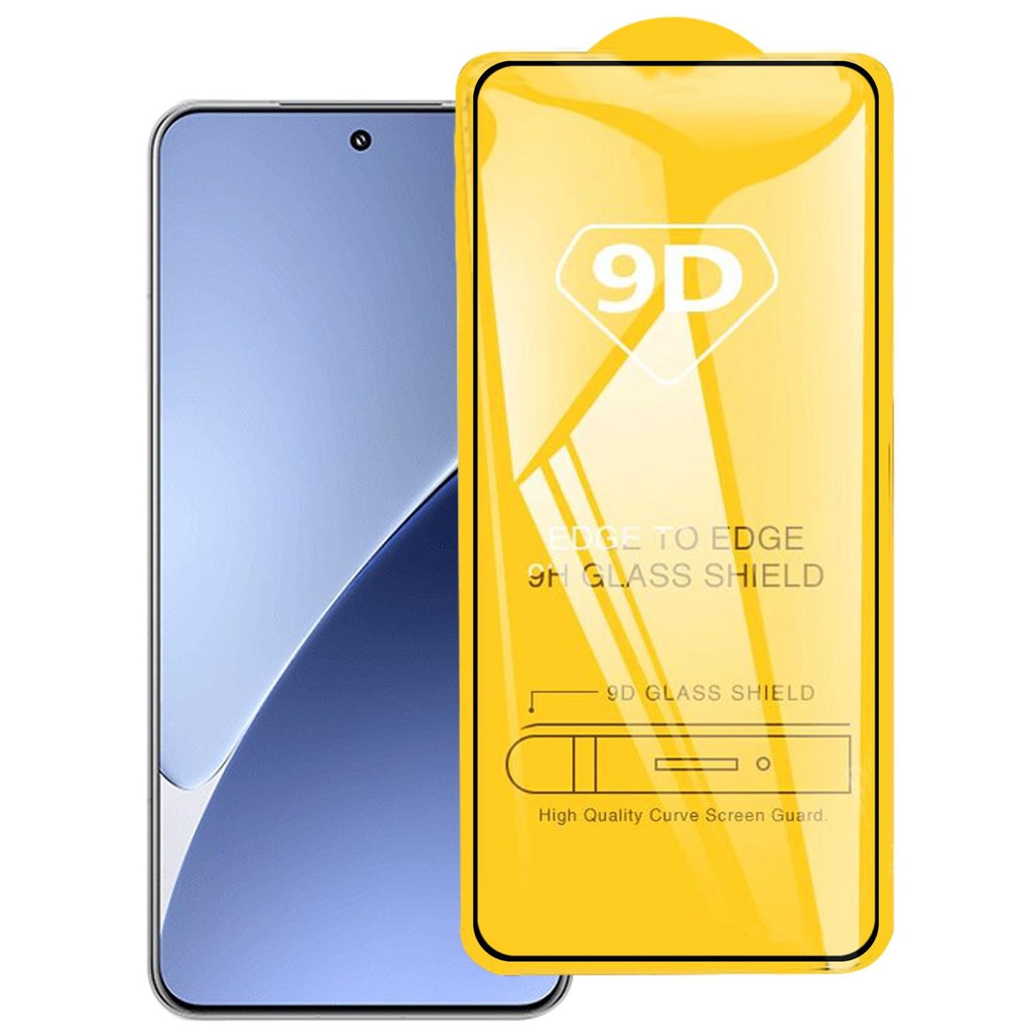 Una protezione per schermo gialla con testo. Un telefono è a sinistra. La protezione ha scritto "9D" e "9H Glass Shield".