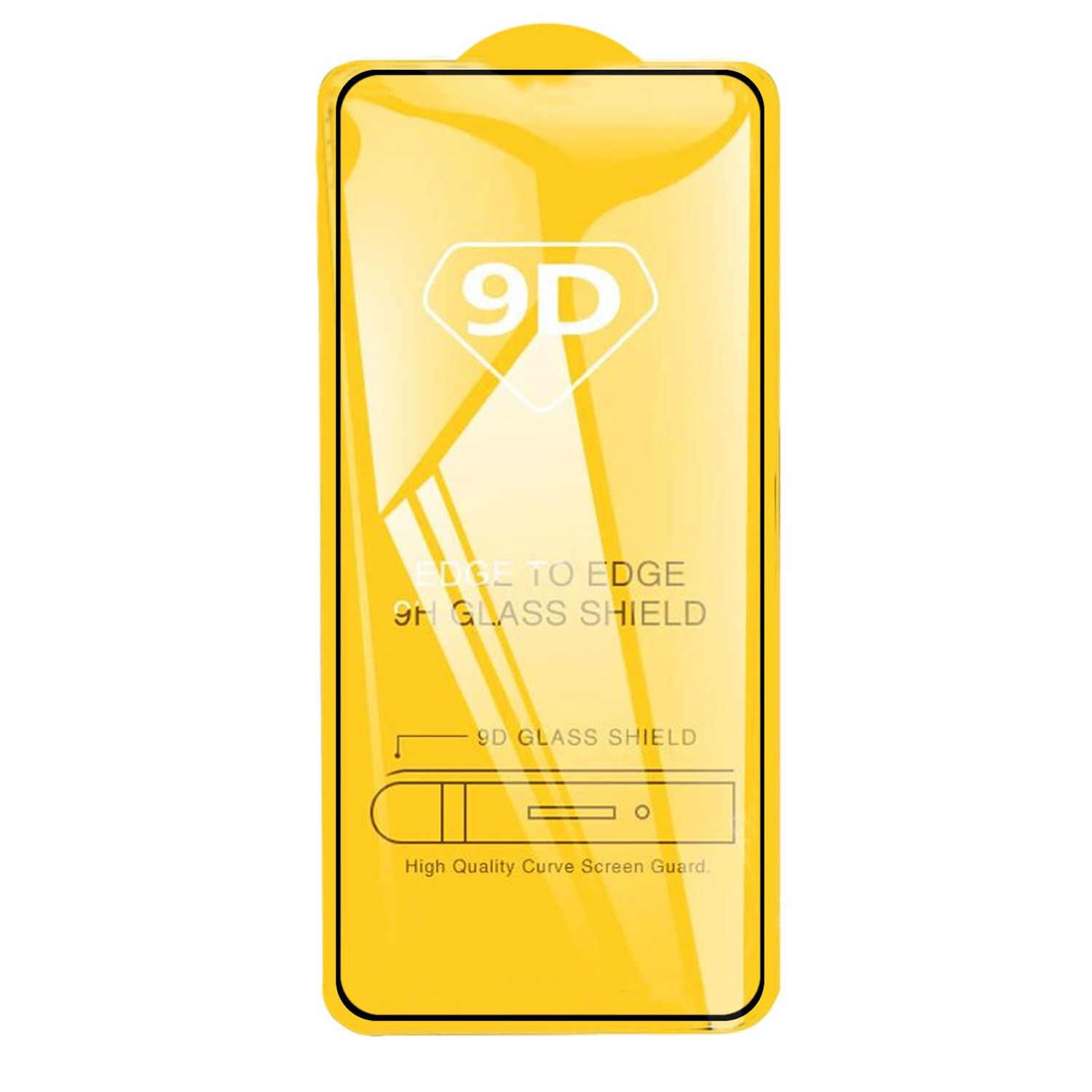Proteggi schermo giallo con bordo nero. Testo: 9D, Edge to Edge, 9H Glass Shield e High Quality Curve Screen Guard.