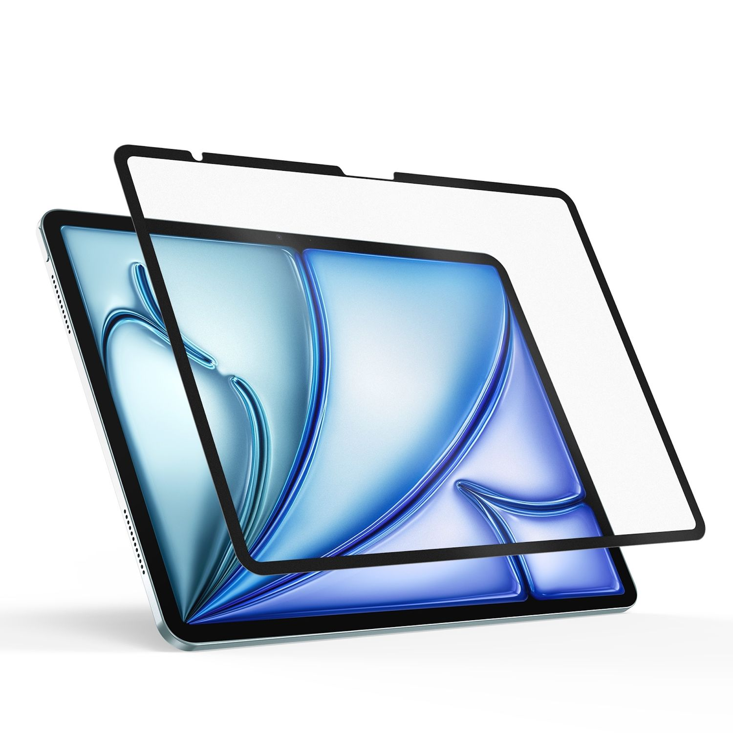 Ein Tablet mit Displayschutz. Das Tablet ist silberfarben mit blauem und weißem Bildschirm. Der Schutz hat einen schwarzen Rand.