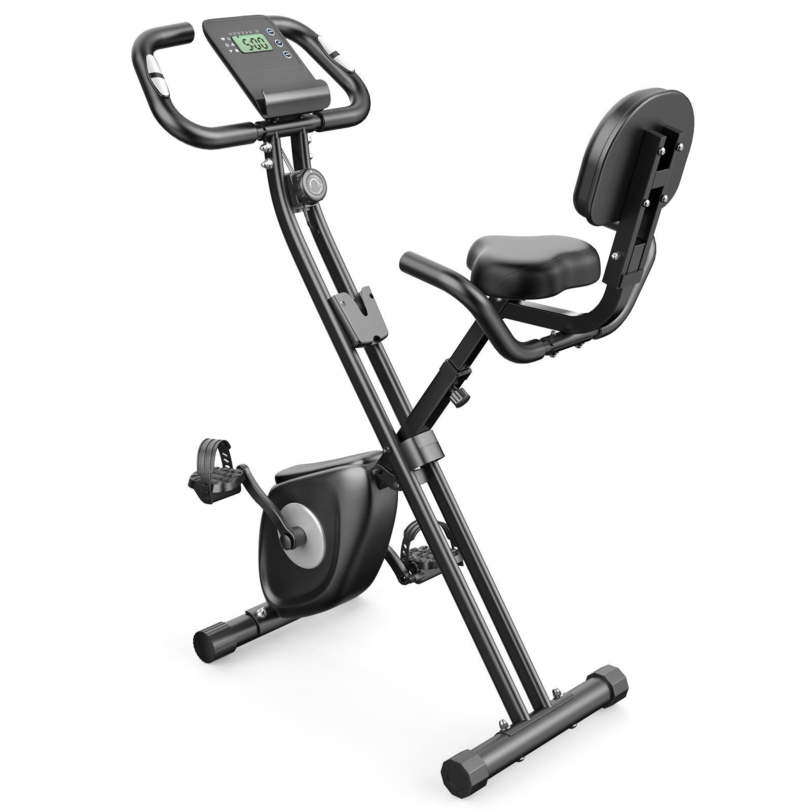 Czarny stacjonarny rower treningowy. Ma siedzenie, oparcie, pedały i wyświetlacz cyfrowy. Izolowany na białym tle.