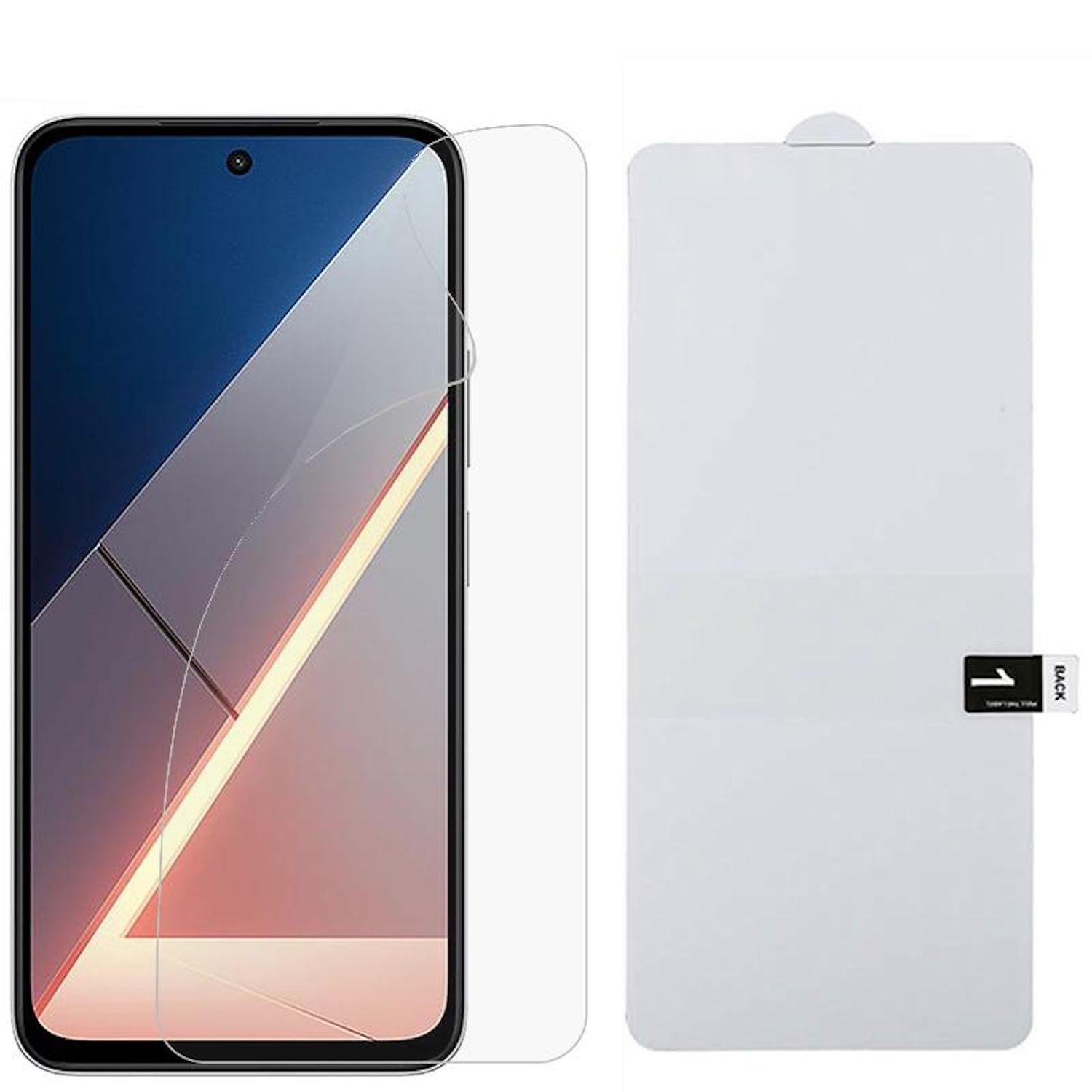 Uno smartphone con protezione schermo e confezione. Il telefono è nero con schermo blu e oro. La confezione è bianca.