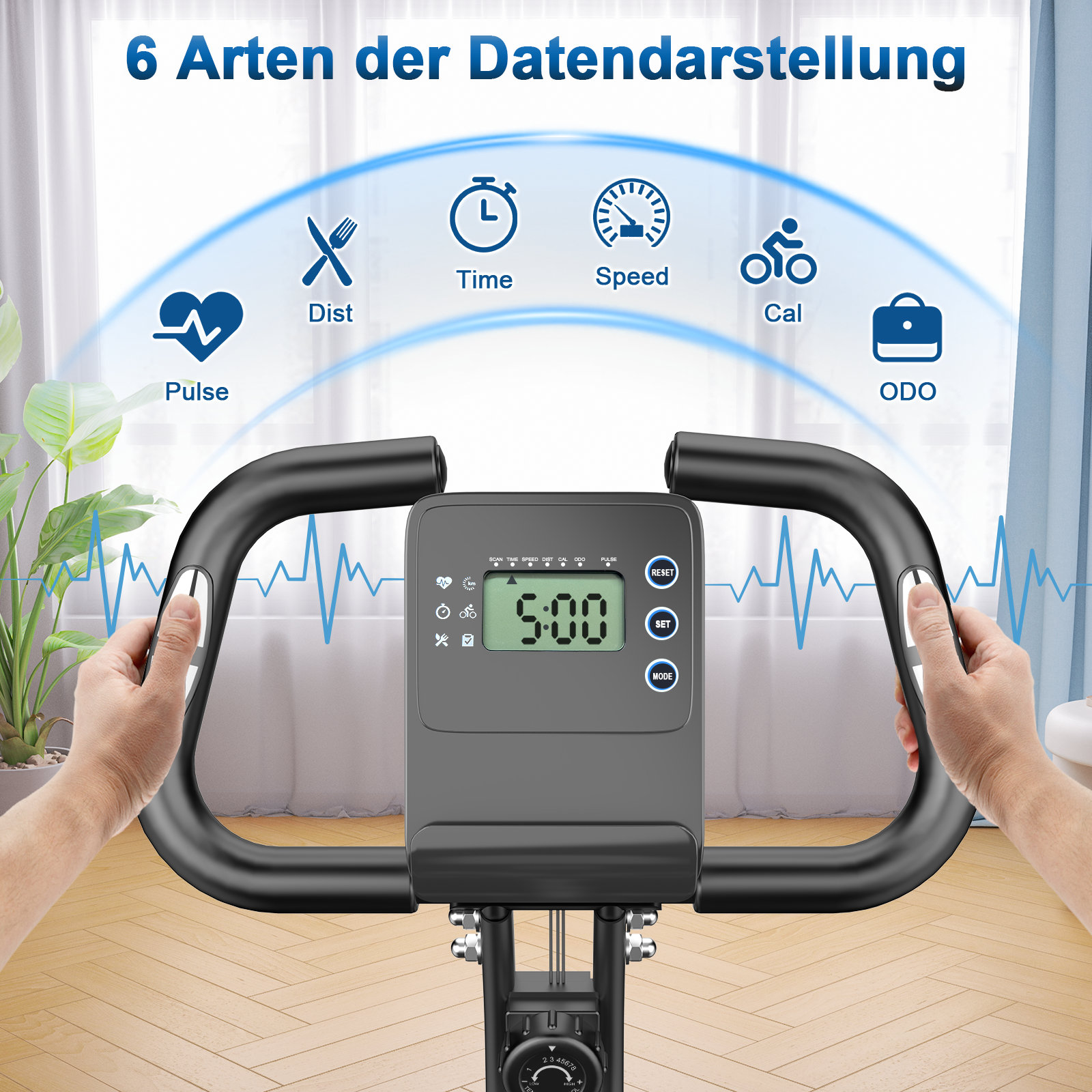 Wyświetlacz roweru treningowego pokazuje czas, prędkość, dystans, kalorie i puls. Ręce trzymają kierownicę. Wyświetlacz cyfrowy 5:00.