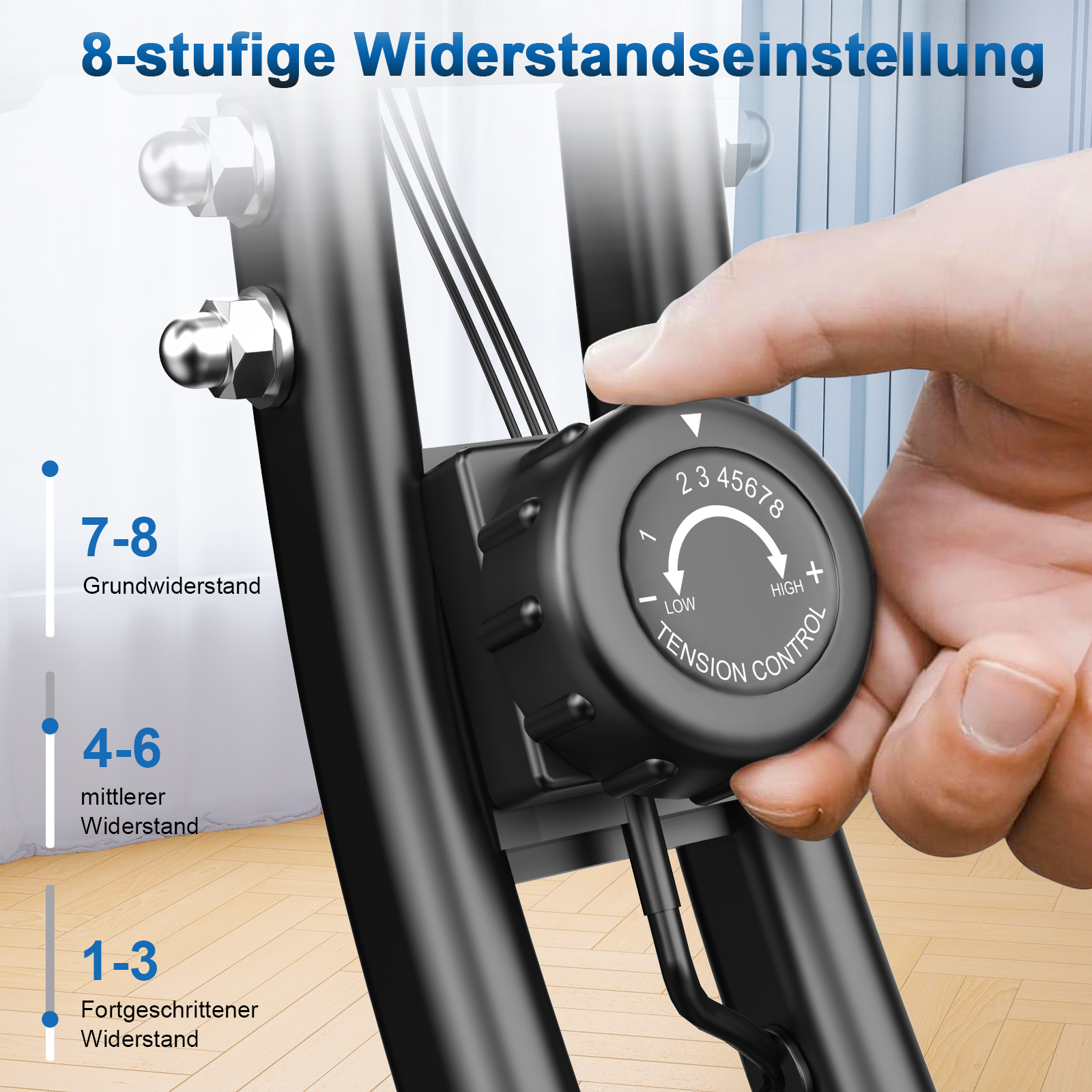 Dłoń reguluje pokrętło oporu na czarnej maszynie do ćwiczeń. Pokrętło ma zakres od 1 do 8, oznaczone od Niskiego do Wysokiego.