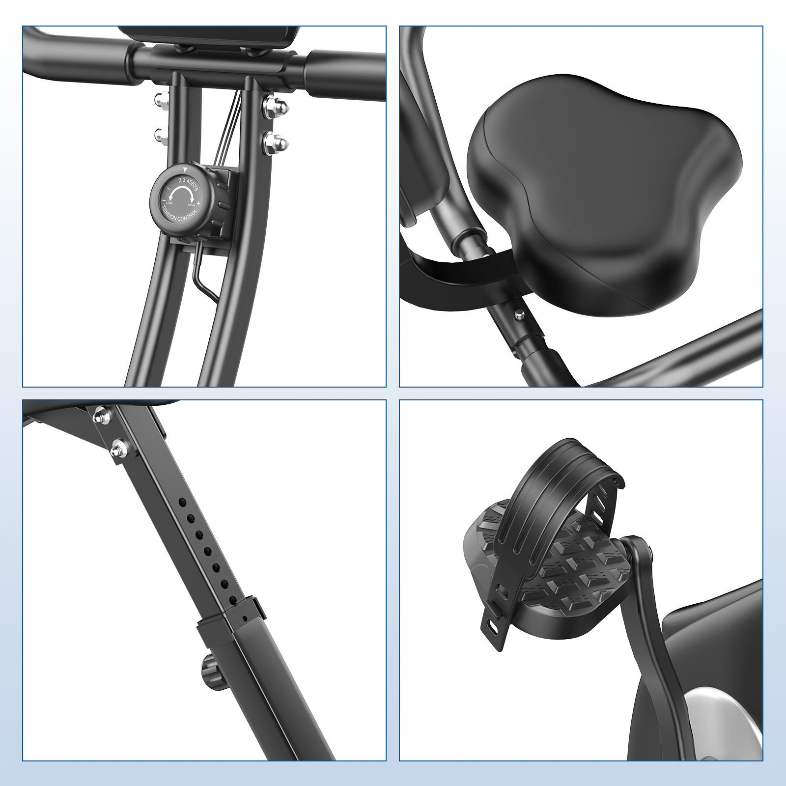 Zbliżenie czarnego roweru stacjonarnego. Pokazuje kierownicę, siodełko, pokrętło regulacyjne, regulowany słupek i pedał.