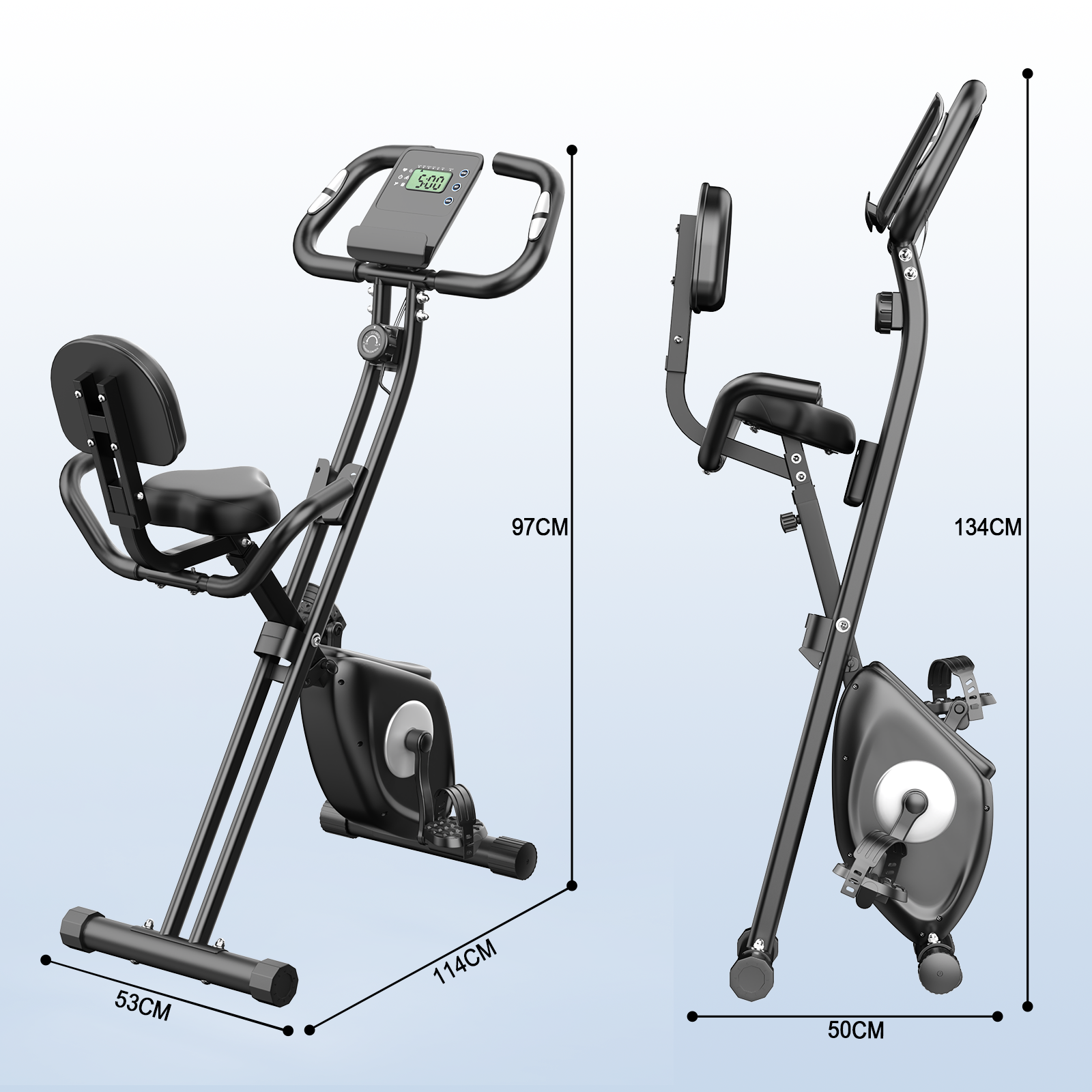 Czarny stacjonarny rower treningowy z cyfrowym wyświetlaczem, siedzeniem, pedałami i kierownicą. Wymiary podano.