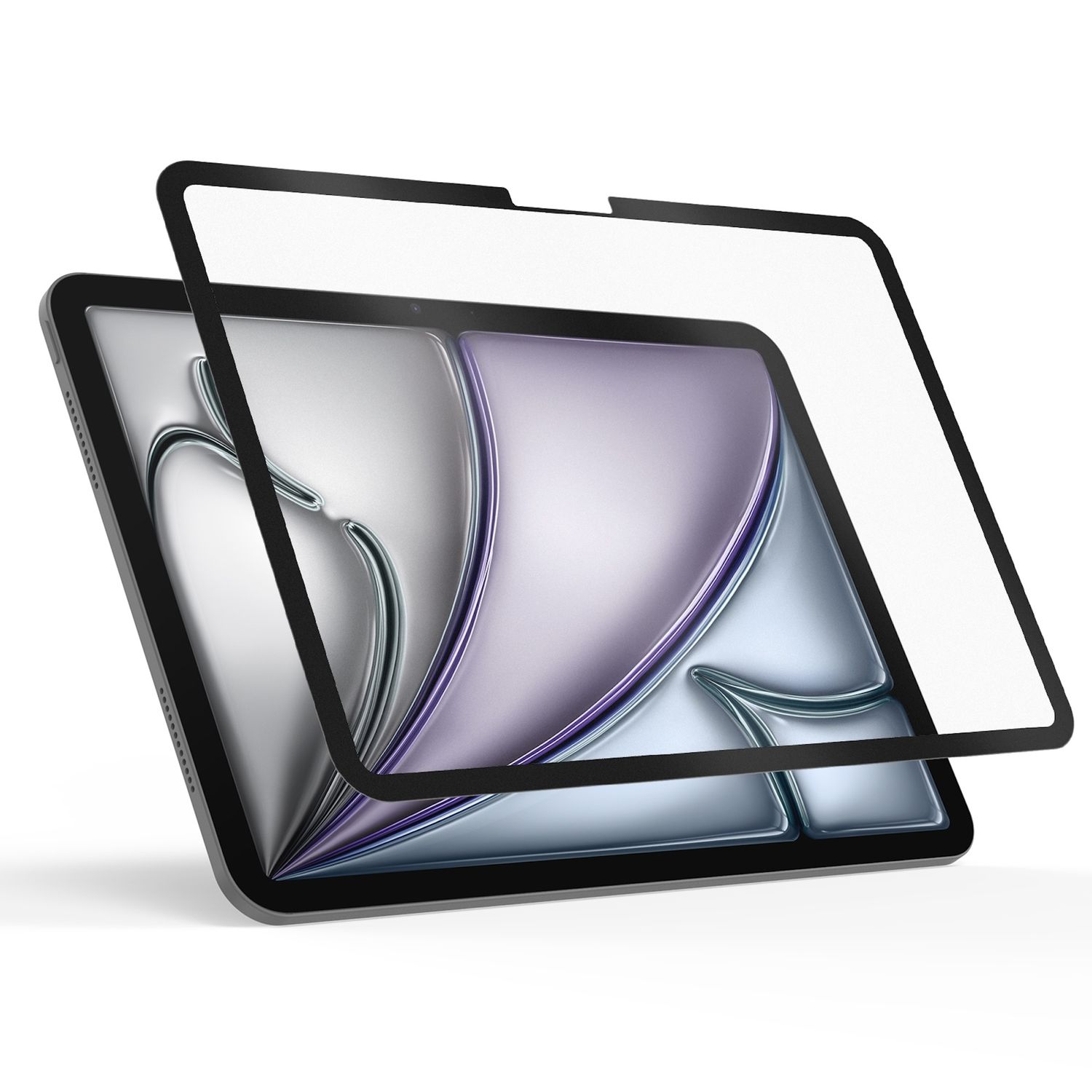 Tablet mit Displayschutz. Tablet ist silber, Displayschutz ist schwarz gerahmt und leicht vom Tablet entfernt.