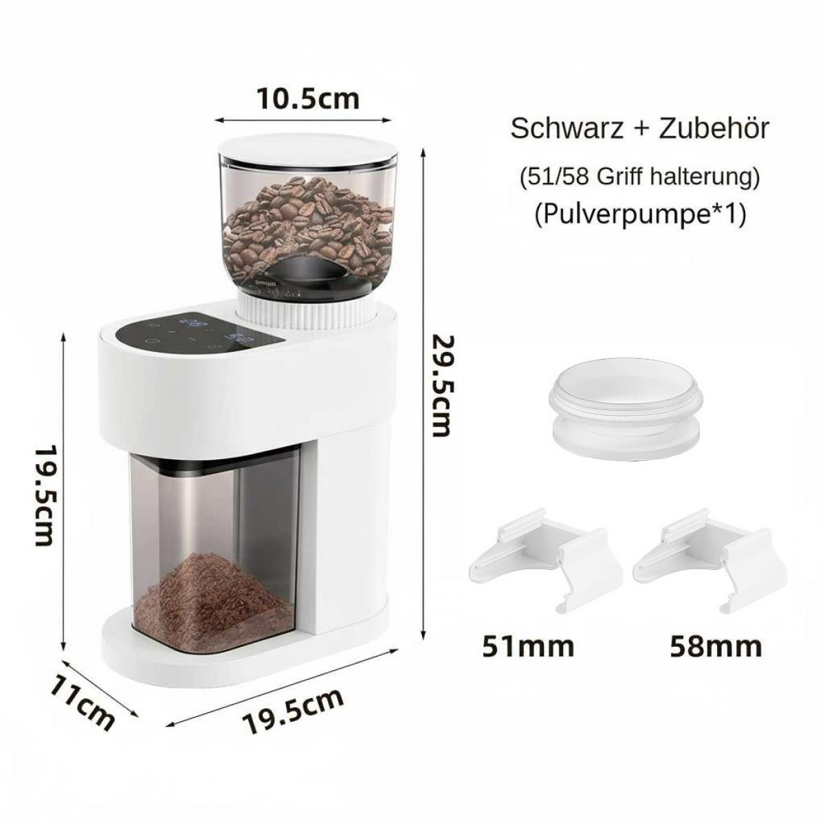 Ein weißer Kaffeemühle mit Beschriftung der Maße. Kaffeebohnen im oberen Behälter, Kaffeepulver unten.