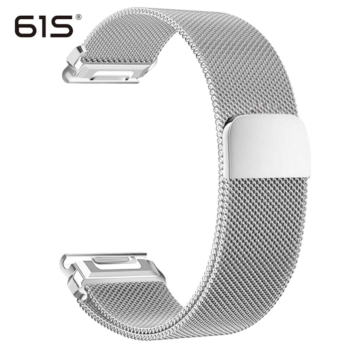 Ein silbernes Mesh-Uhrenarmband mit Verschluss. Die Marke '61S' ist sichtbar. Das Band ist gebogen, zeigt sein Design und seine Textur.