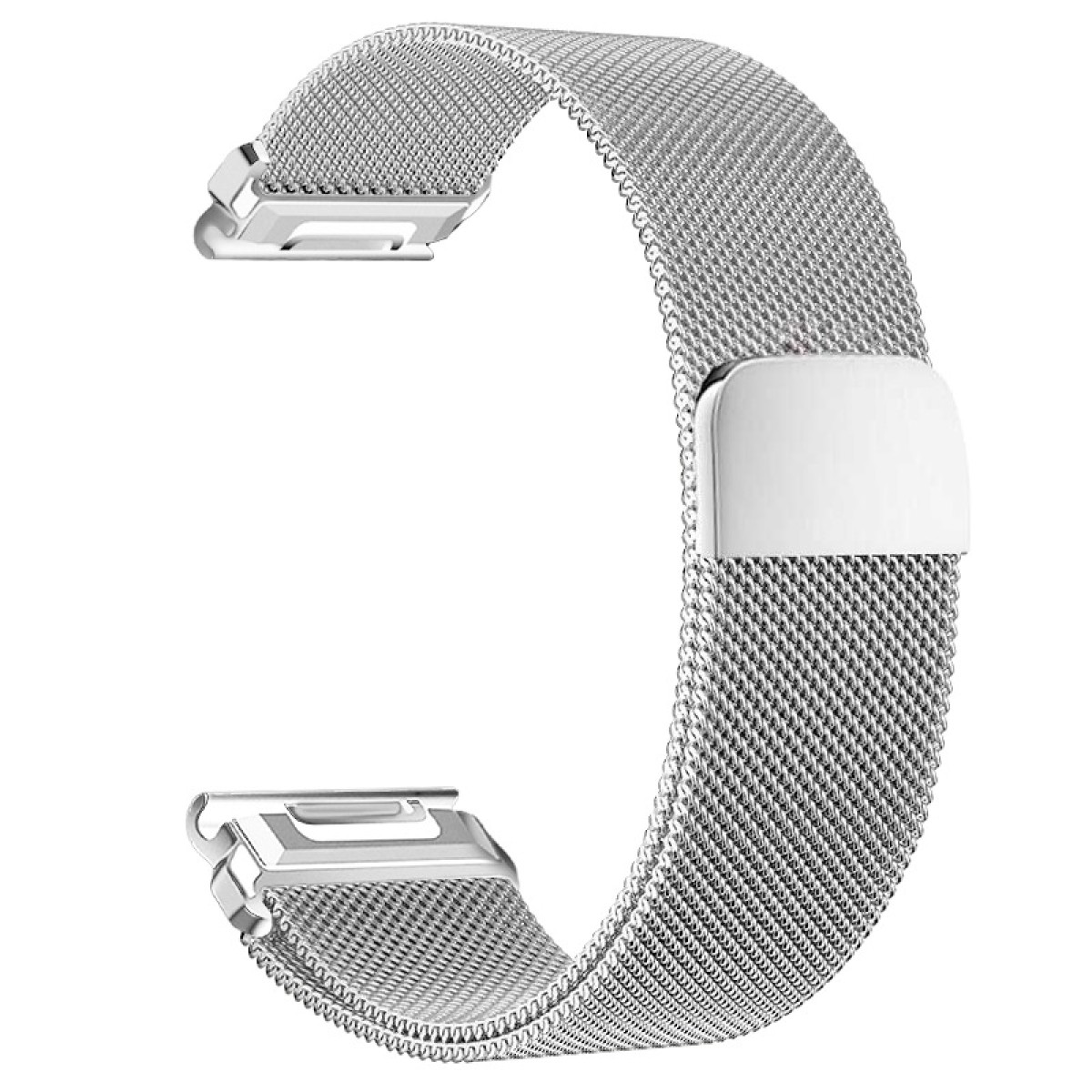 Ein silbernes Mesh-Uhrenarmband mit Magnetverschluss. Das Armband ist gebogen und hat an jedem Ende zwei silberne Anschlüsse.