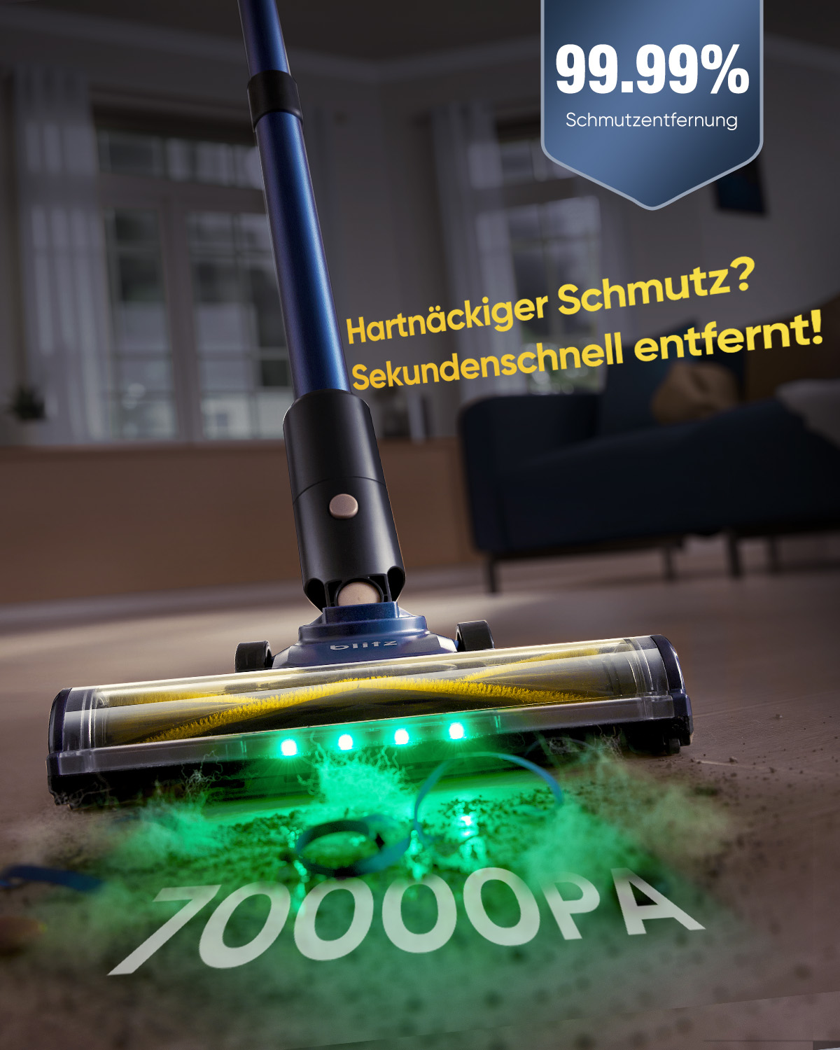 Ein blauer Staubsauger auf einem Boden. Text lautet 'Hardnäckiger Schmutz? Sekundenschnell entfernt!' und '70000PA'.