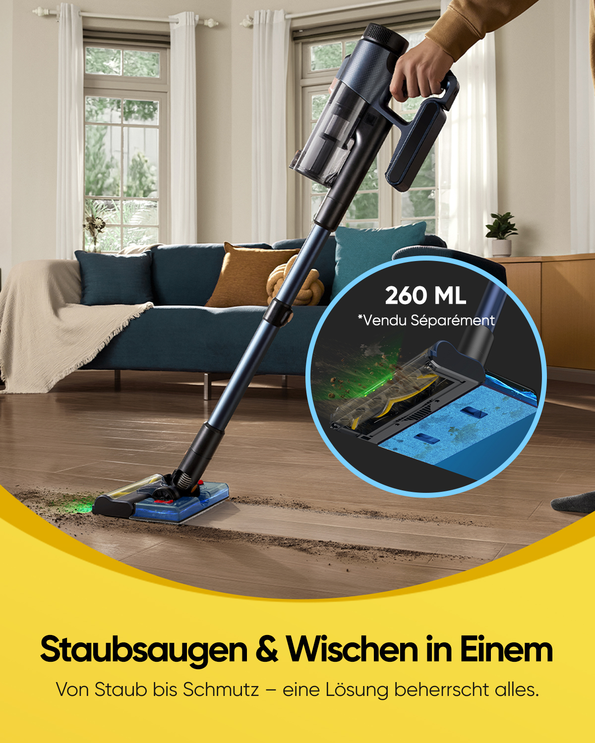 Eine Person saugt einen Holzboden mit einem blauen Staubsauger. Eine Detailansicht des Reinigungskopfes zeigt den Saugvorgang.
