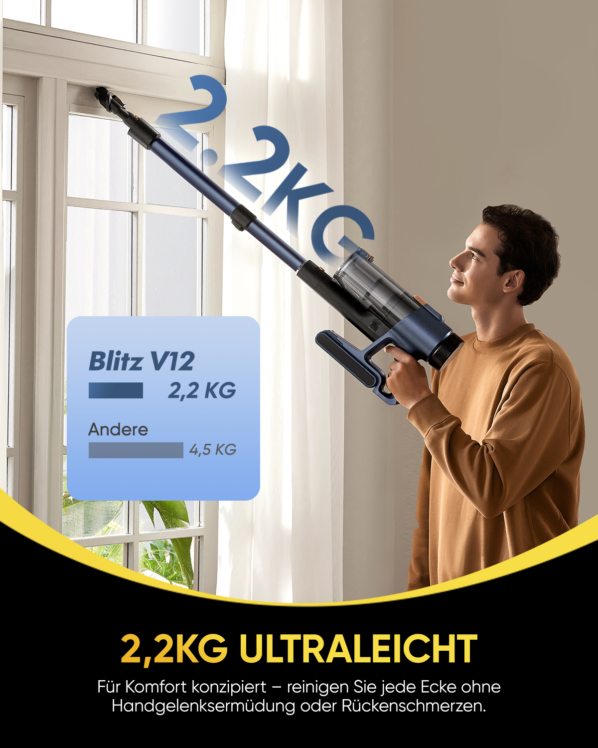 Mann hält einen blauen Staubsauger. Text sagt "Blitz V12 2,2 kg ultraleicht". Der Mann steht am Fenster.